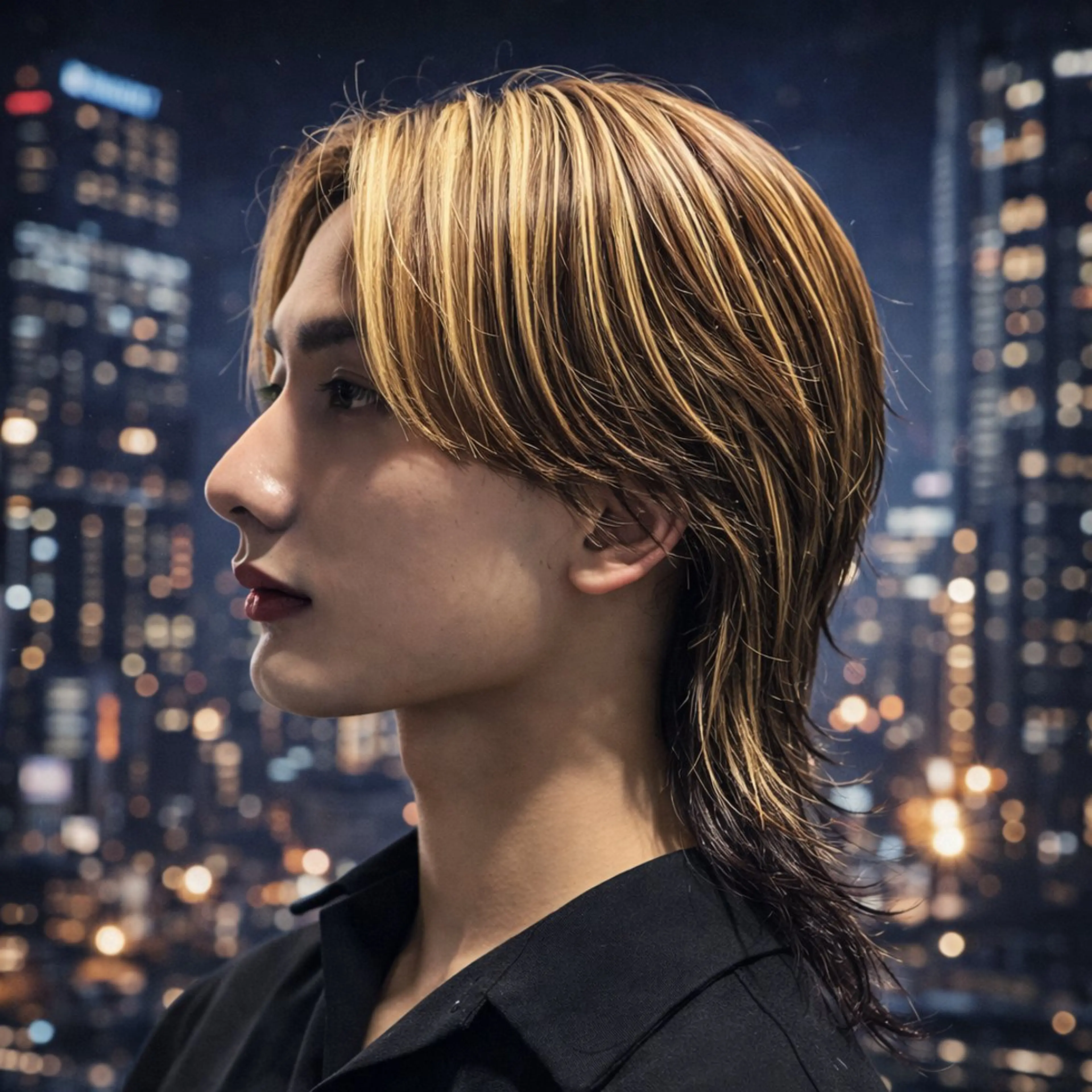 ミディアム カラー メンズ センターパート メンズハイライト メンズウルフカット ハイライトカラー ハイライト カット ヘアカラー 【フェザーパーマ】 【縮毛矯正】鶴田文のヘアスタイル