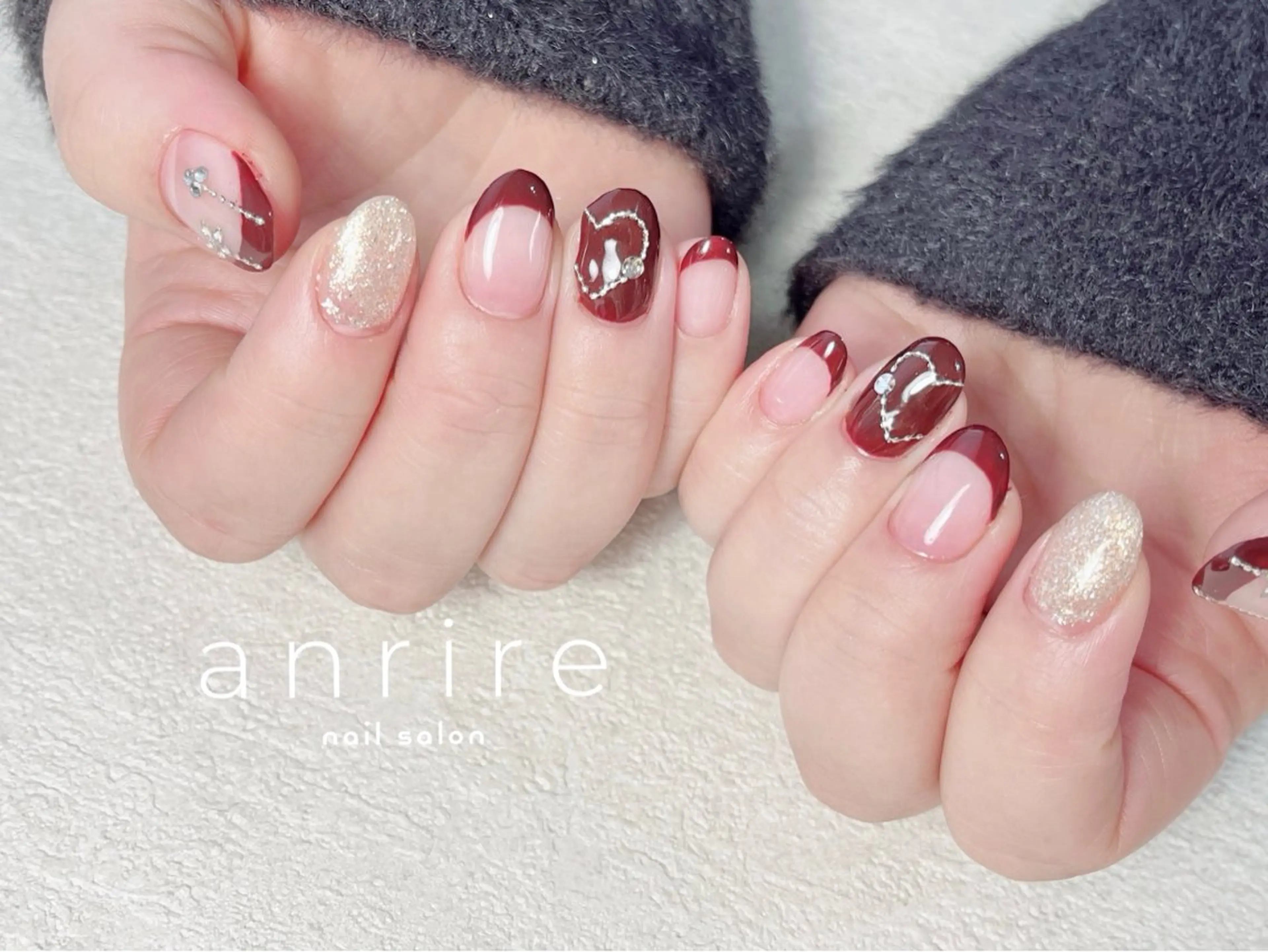 ネイル ボルドー ブラウン フレンチネイル ジェルネイル ゴールド ハンドネイル nailsalon anrireのネイルデザイン