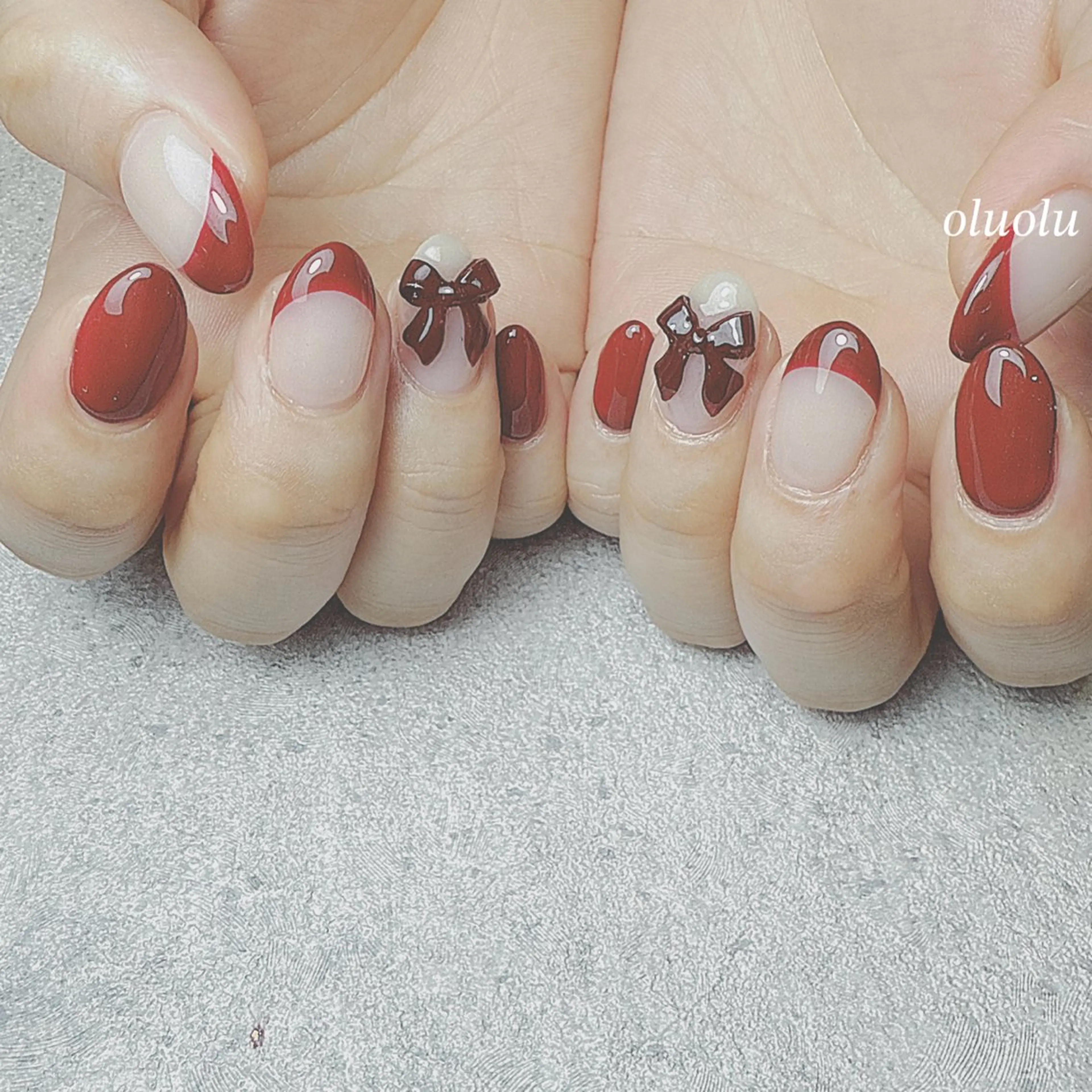 ネイル アートネイル ボルドー フレンチネイル ガーリー リボン ハンドネイル 大村 紬華のネイルデザイン