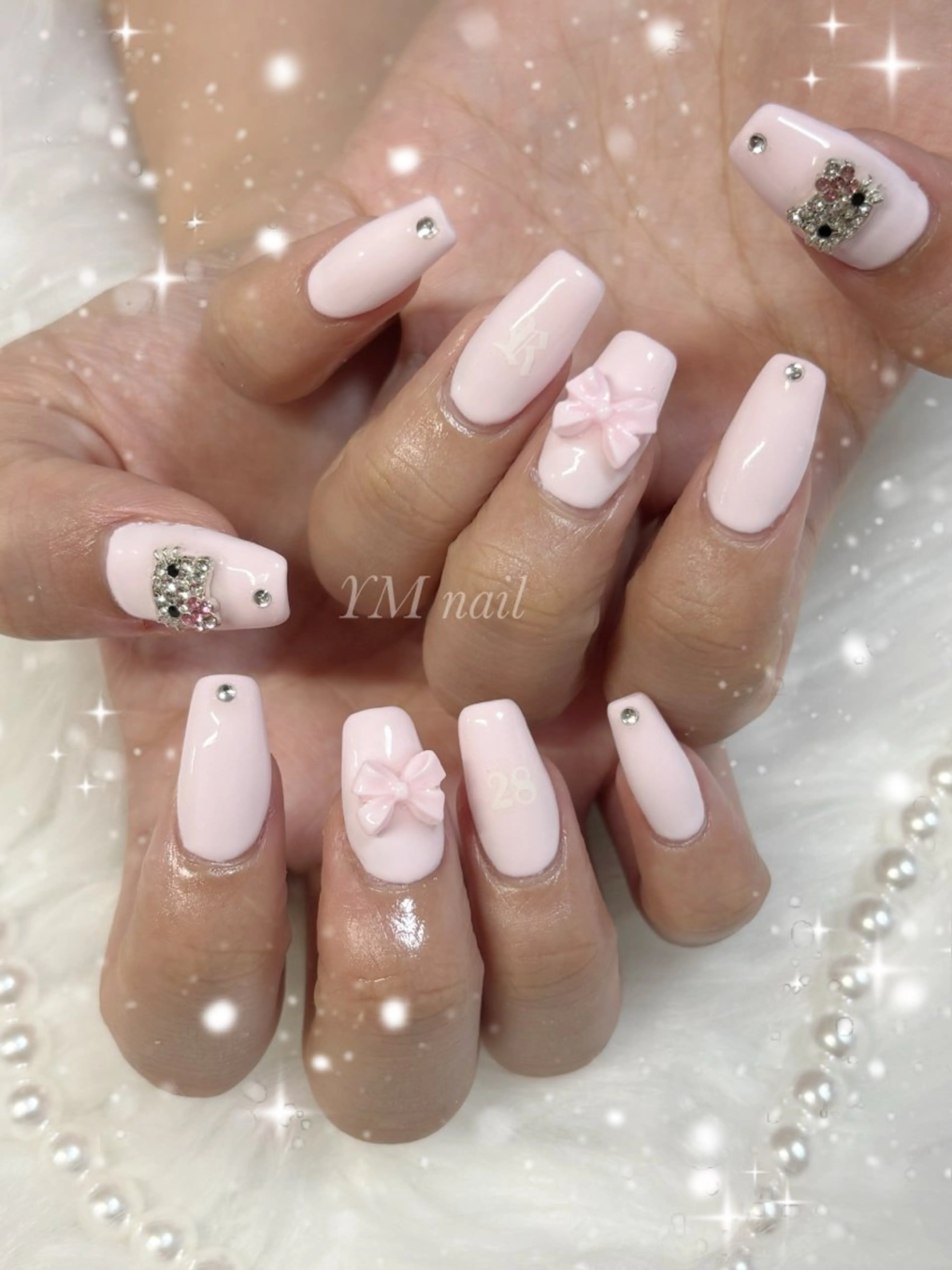 ネイル ピンク リボン スカルプネイル 春ネイル ハンドネイル YM nailのネイルデザイン