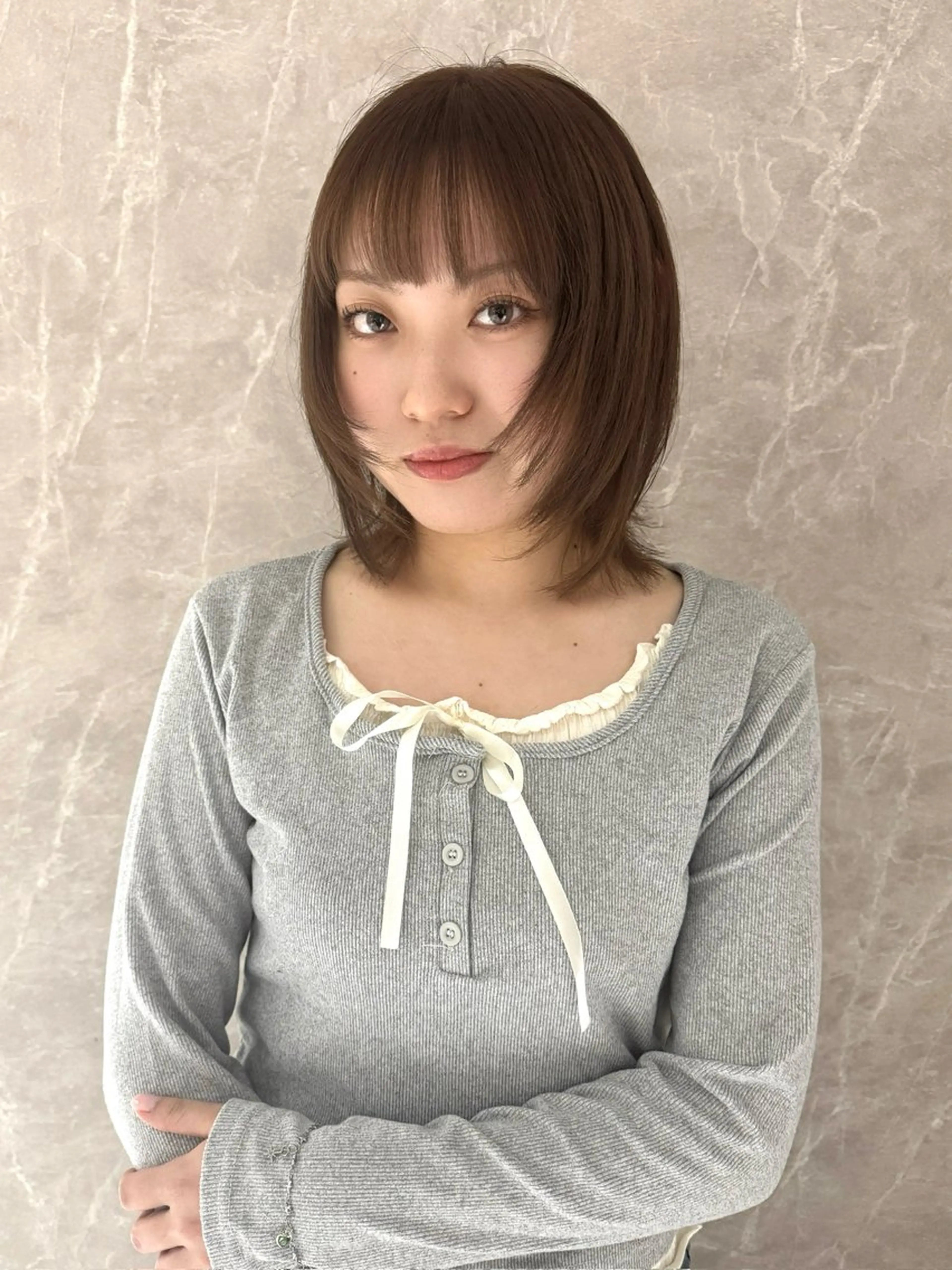 ミディアム カット ヘアカラー トリートメント 顔まわりカット/ボブ レイヤー/今城愛友花のヘアスタイル