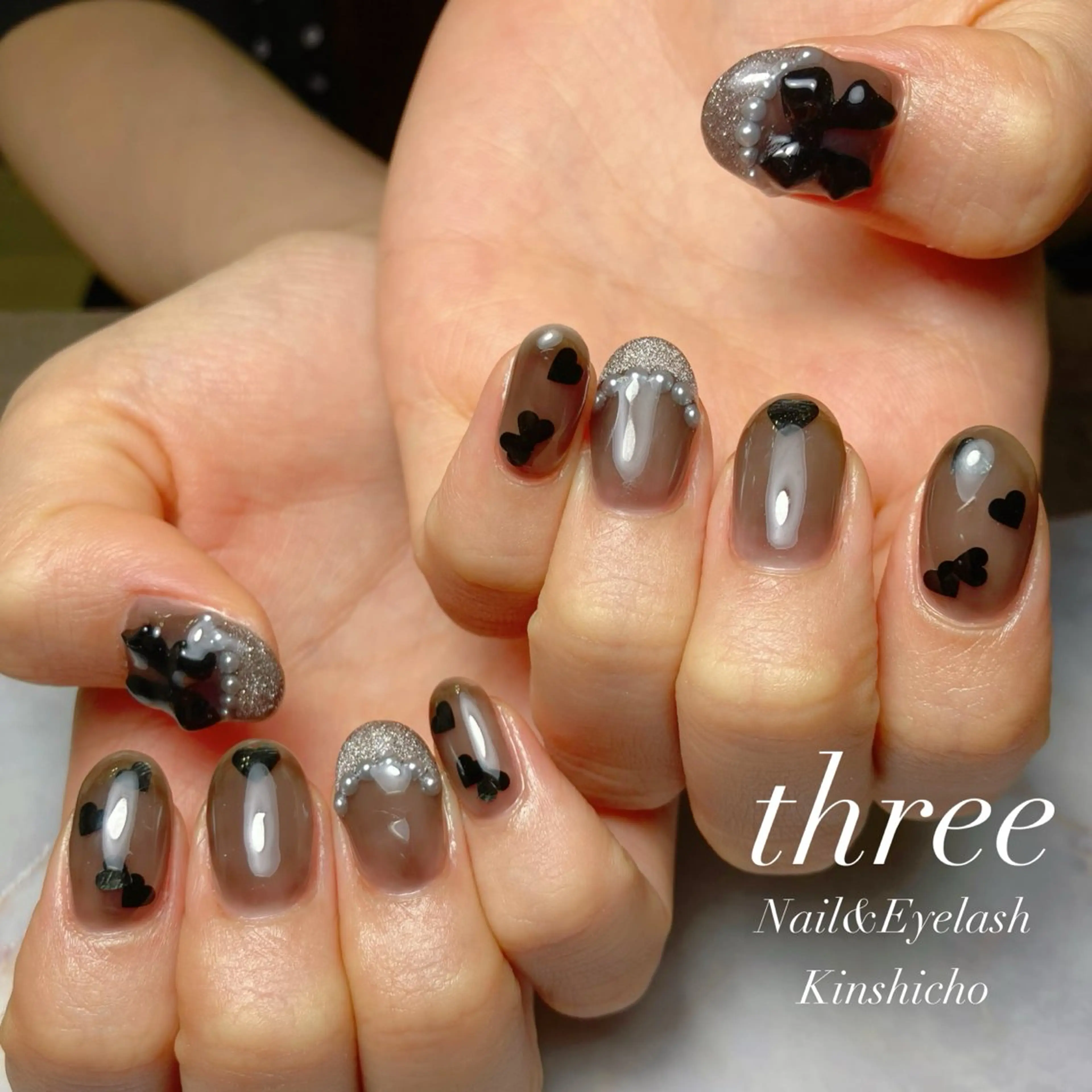 ネイル フレンチネイル ハート 韓国ネイル マグネットネイル マグネットフレンチ three Nail&Eyeのネイルデザイン