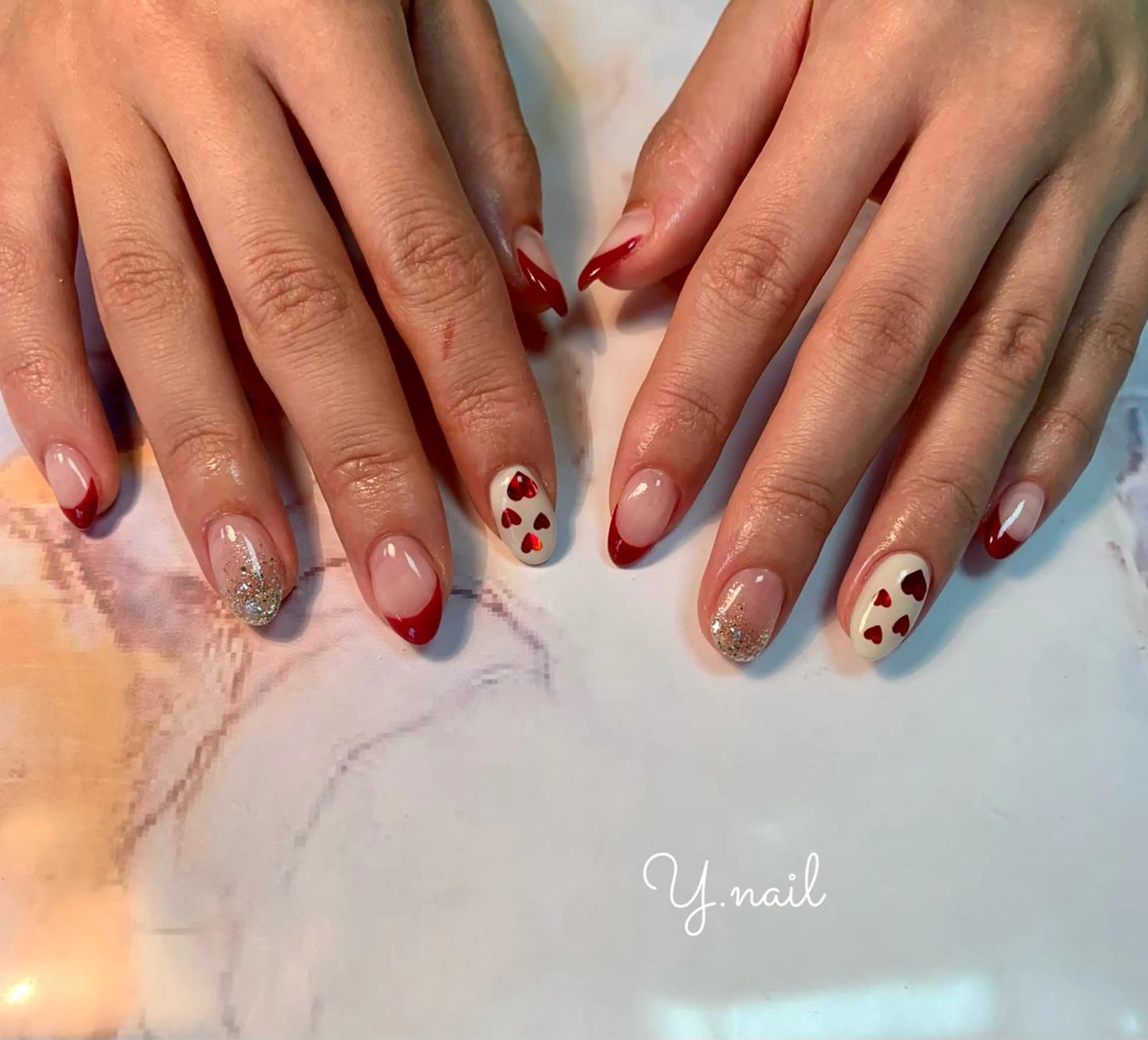 ネイル フレンチネイル ハート 赤色 Feliz所属・Feliz 楽しいネイルサロンのネイルデザイン