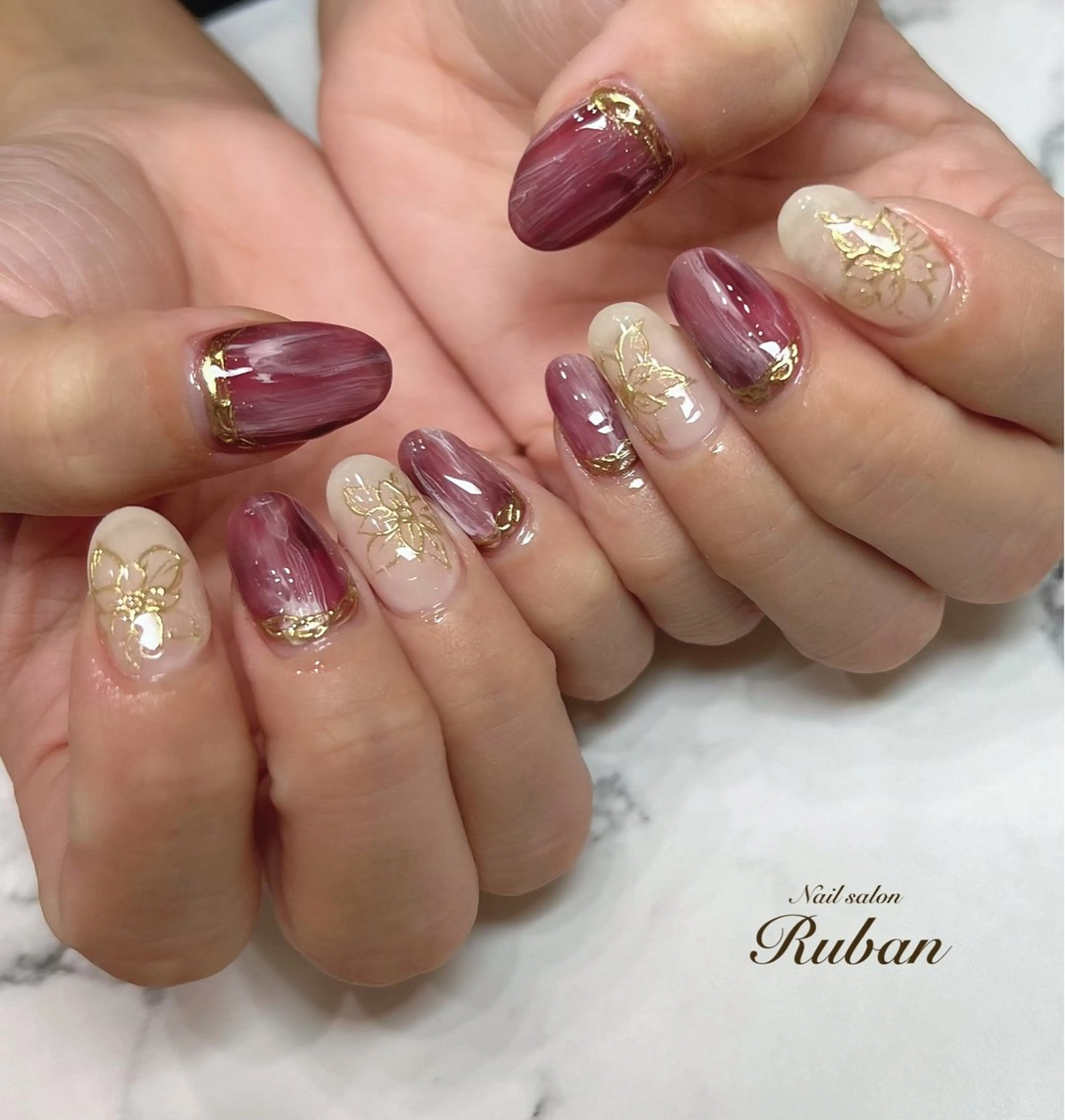 ネイル ボルドー 長さ出し フラワーネイル ミラーネイル ニュアンスネイル Nail salon Rubanのネイルデザイン