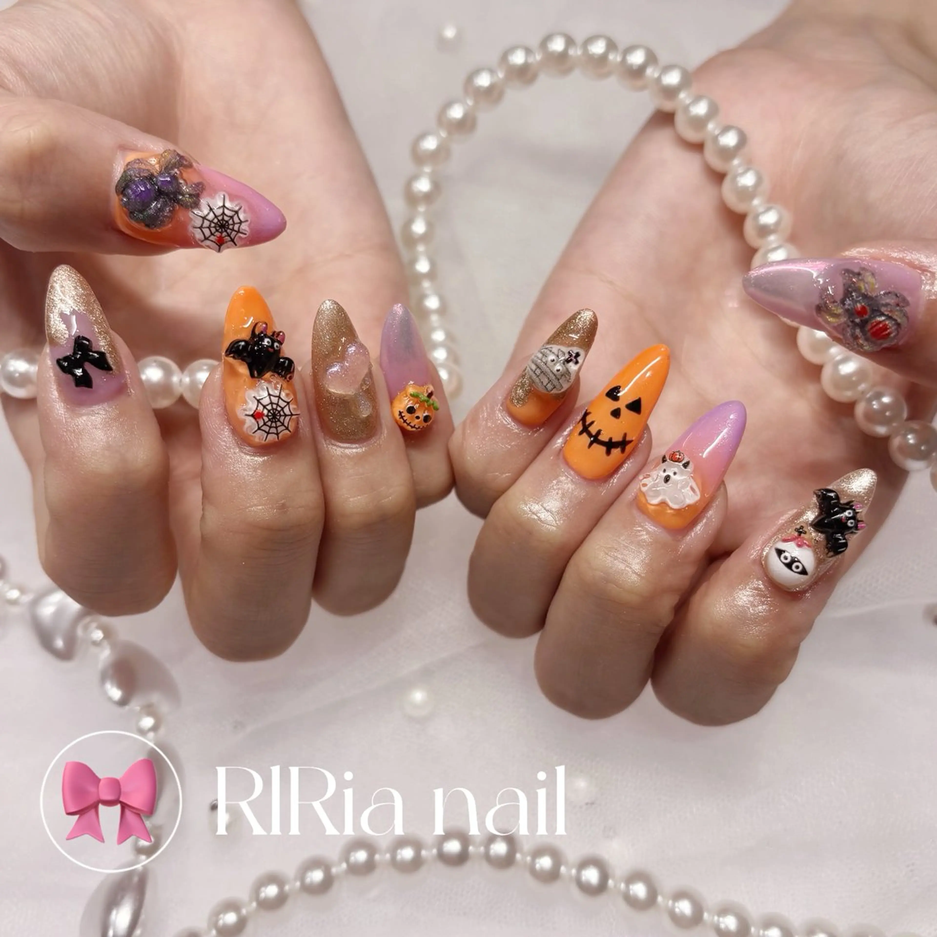 ネイル ハロウィン オレンジ パープル ハンドネイル 🎀RIRia nail🎀のネイルデザイン