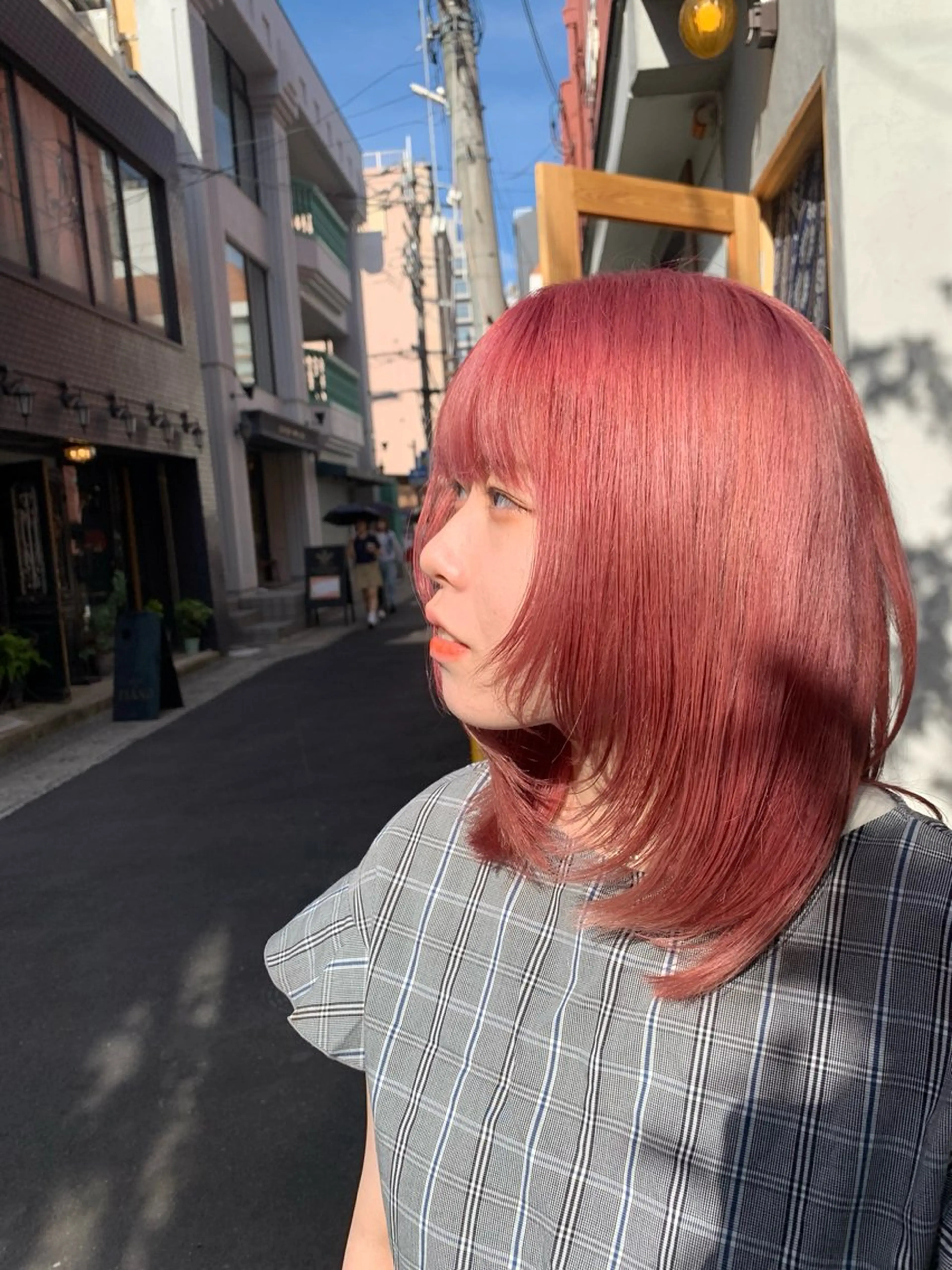 ミディアム カラー ブリーチ ブロンド ピンクカラー 水原波津輝/ボブ /ニュアンスパーマのヘアスタイル