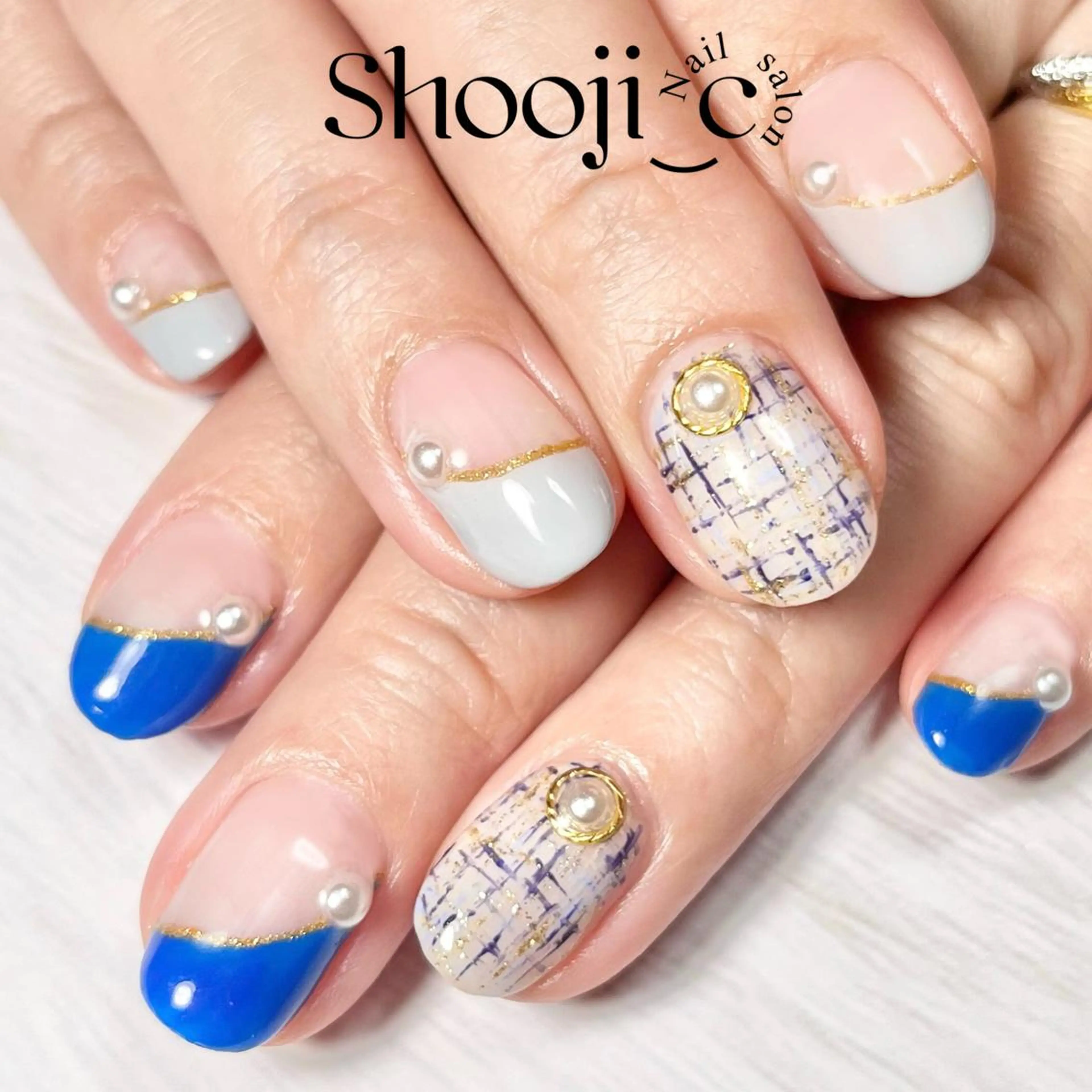 ネイル ブルー フレンチネイル ネイビー 斜めフレンチ ツイードネイル Shooji_c Nail salon所属・Shooji_c Nail salonのネイルデザイン
