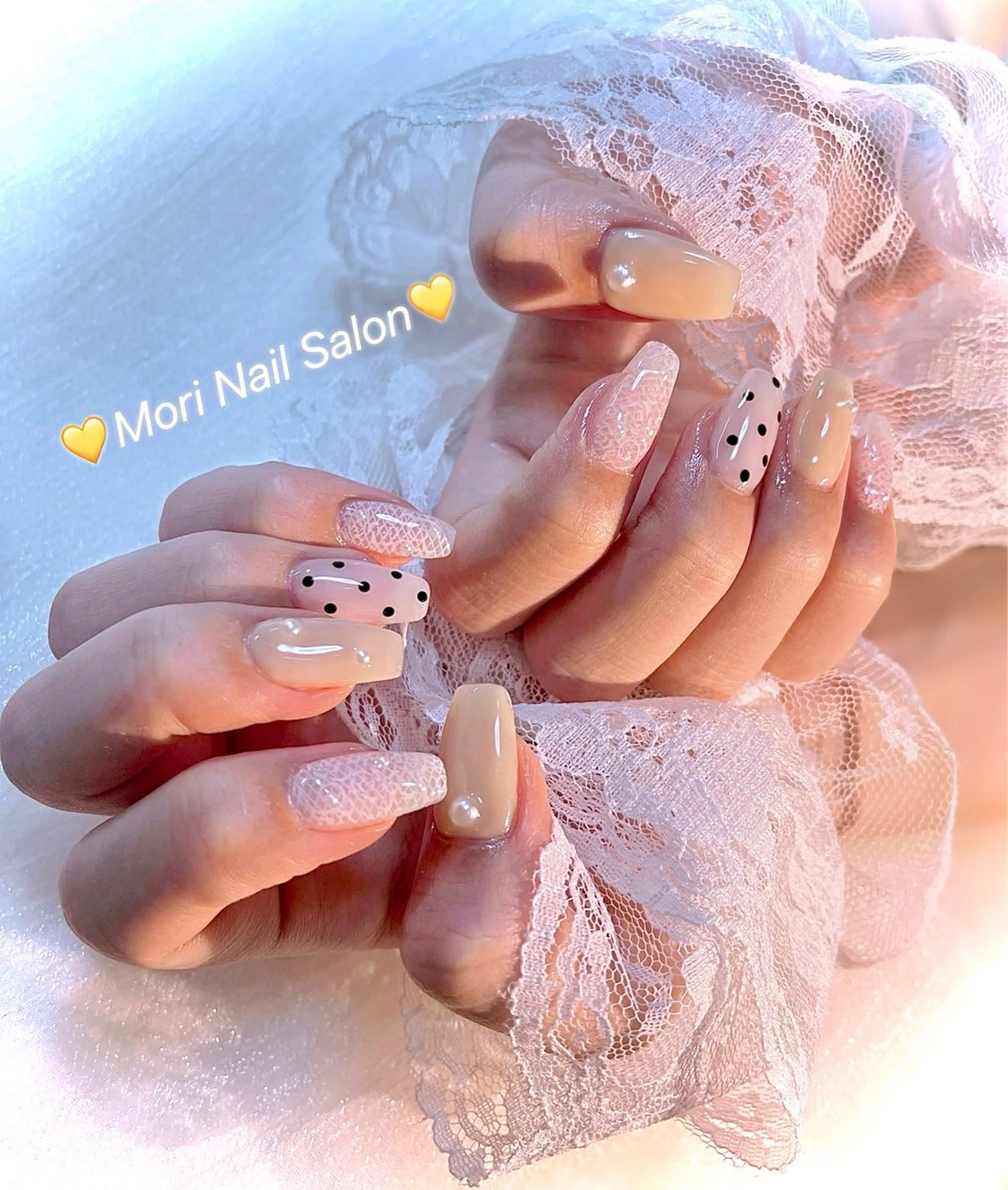 ネイル ドット レース パステルネイル 黄色 ハンドネイル MORI ネイル SALONのネイルデザイン