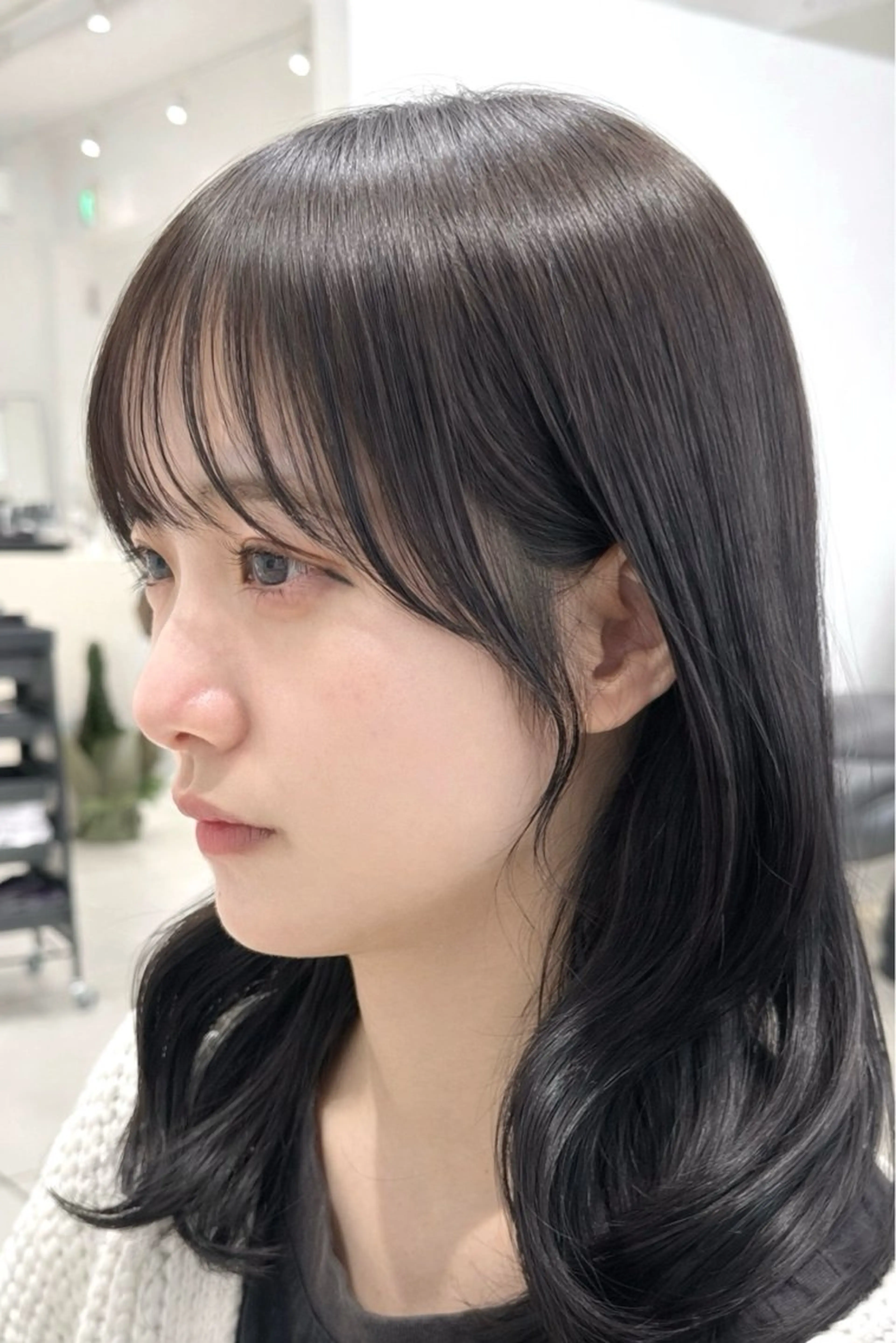 セミロング カラー 似合わせカット サイドバング 小顔カット カット ヘアカラー トリートメント ヘッドスパ ヘアセット 短めショートカット カットモデルのヘアスタイル