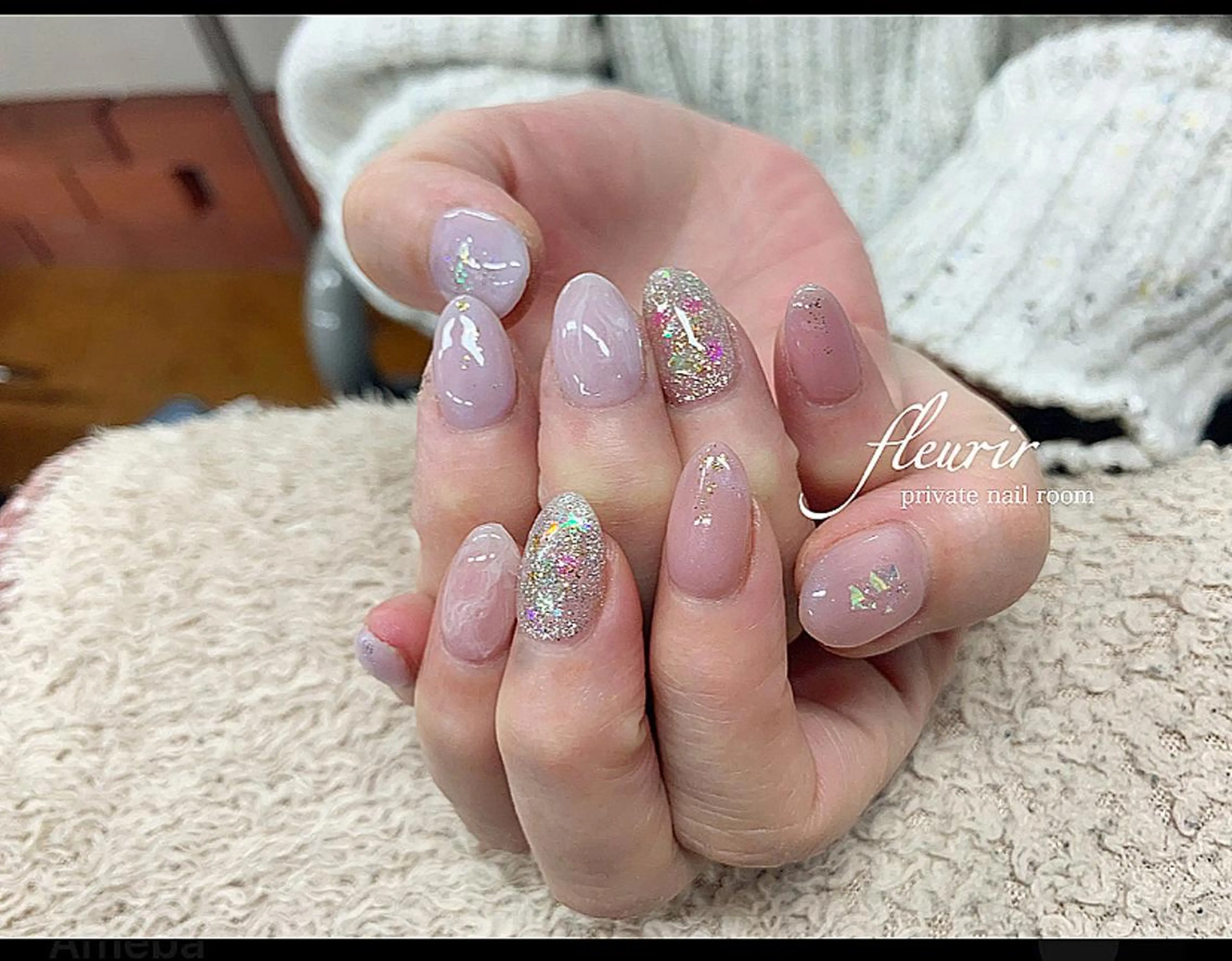 ネイル ラメ(グリッター) ピンク パープル スカルプネイル ストーンネイル フルリール 【プライベートサロンのネイルデザイン