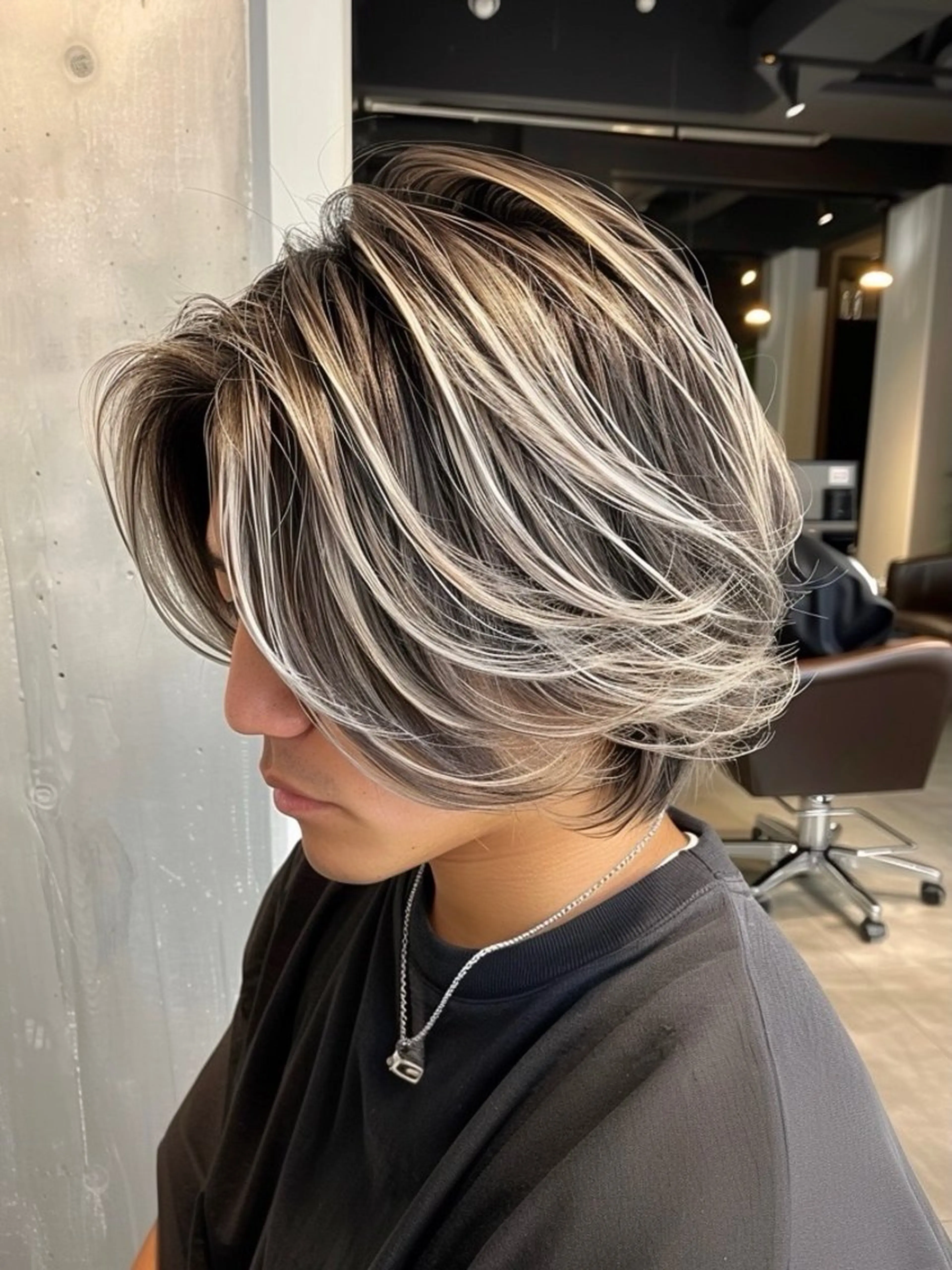 ミディアム パーマ メンズ メンズハイトーン メンズバレイヤージュのヘアスタイル