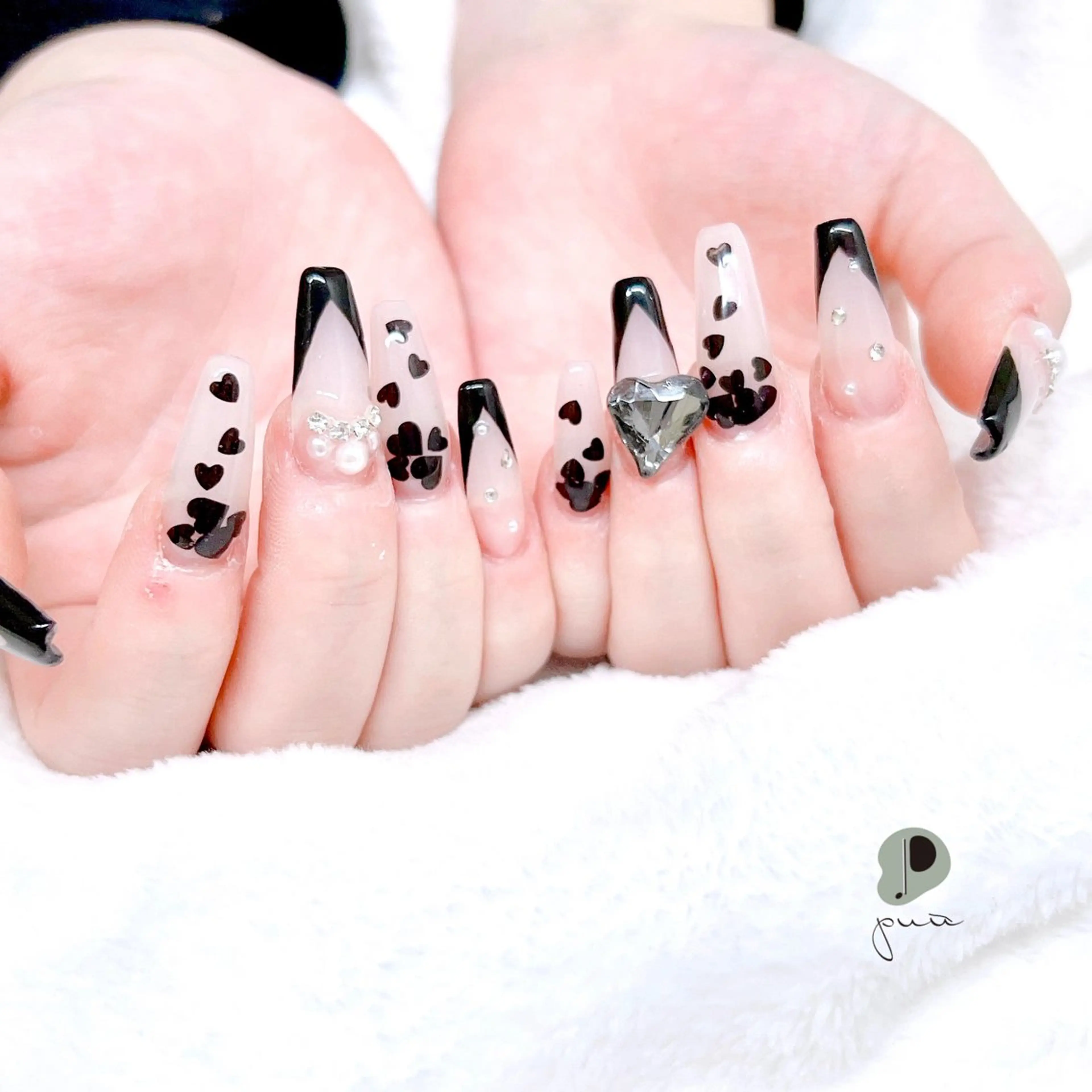 ネイル フレンチネイル ハート ロングネイル ワンカラーネイル スカルプネイル ハンドネイル Nail salon puu kyotoのネイルデザイン