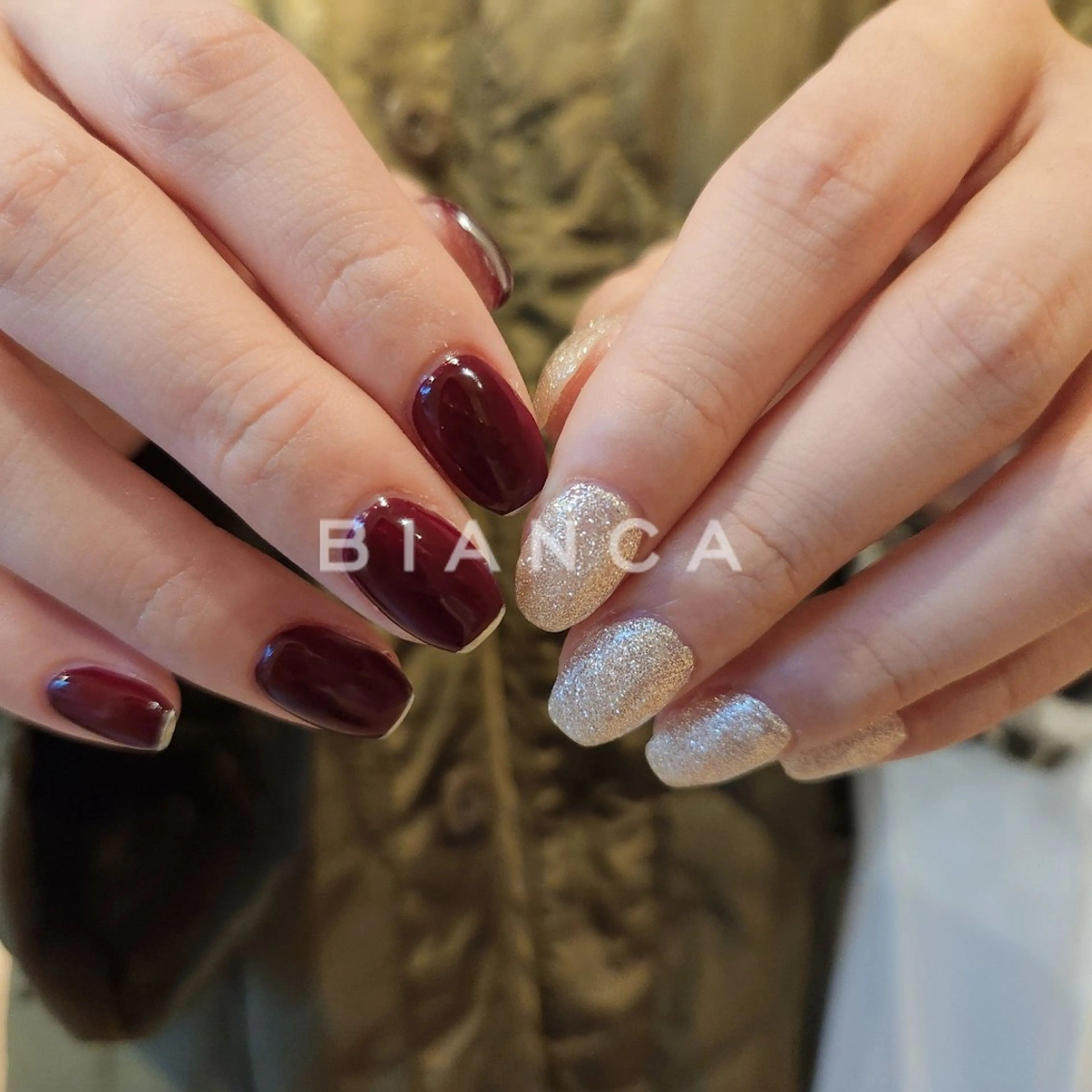 ネイル ボルドー フレンチネイル キラキラネイル ラメ(グリッター) オフィスネイル ハンドネイル Bianca名駅店 あゆのネイルデザイン