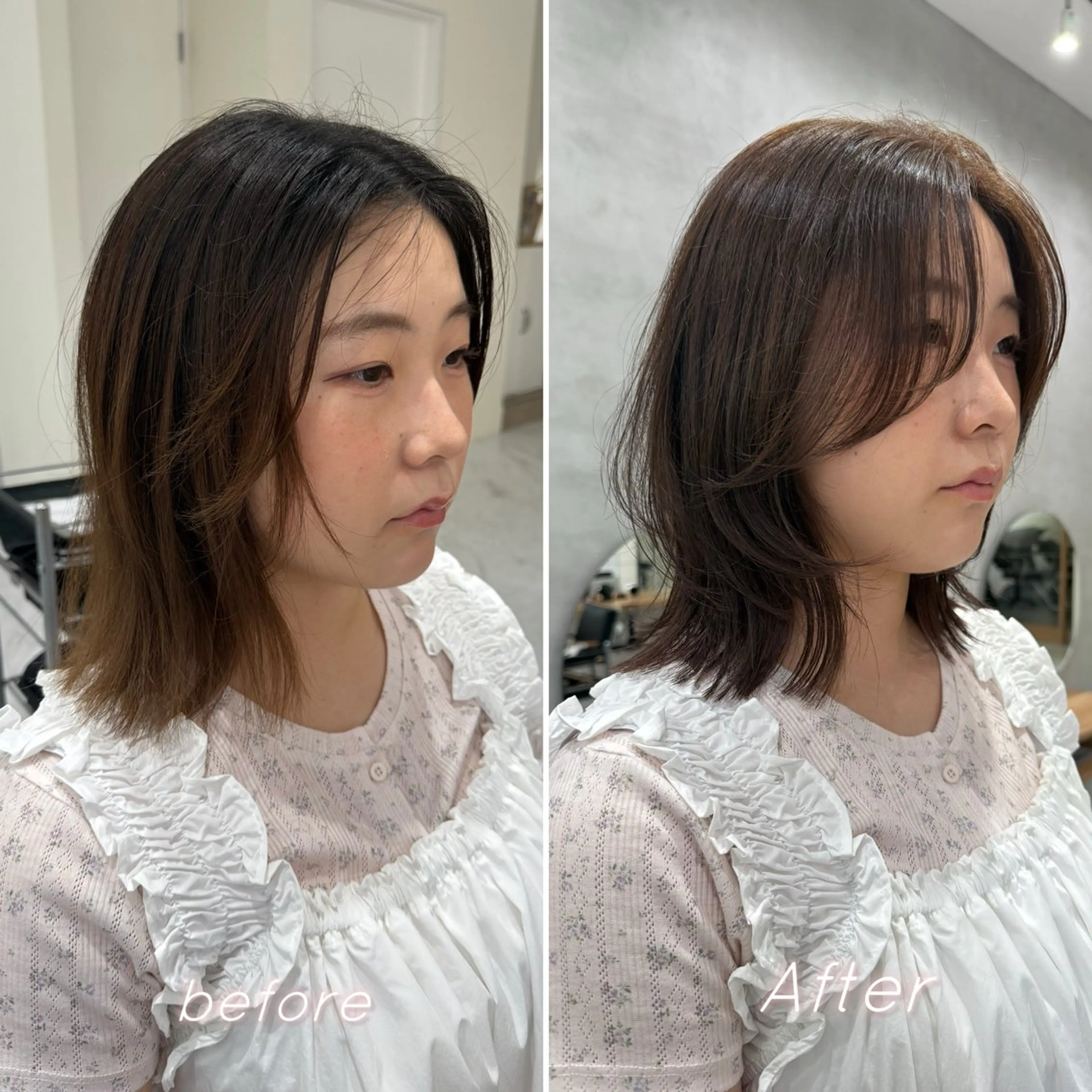 ミディアム 顔まわりレイヤー 顔周りカット レイヤーカット カット ヘアカラー 柔らかレイヤー× 透け感カラー/SUのヘアスタイル