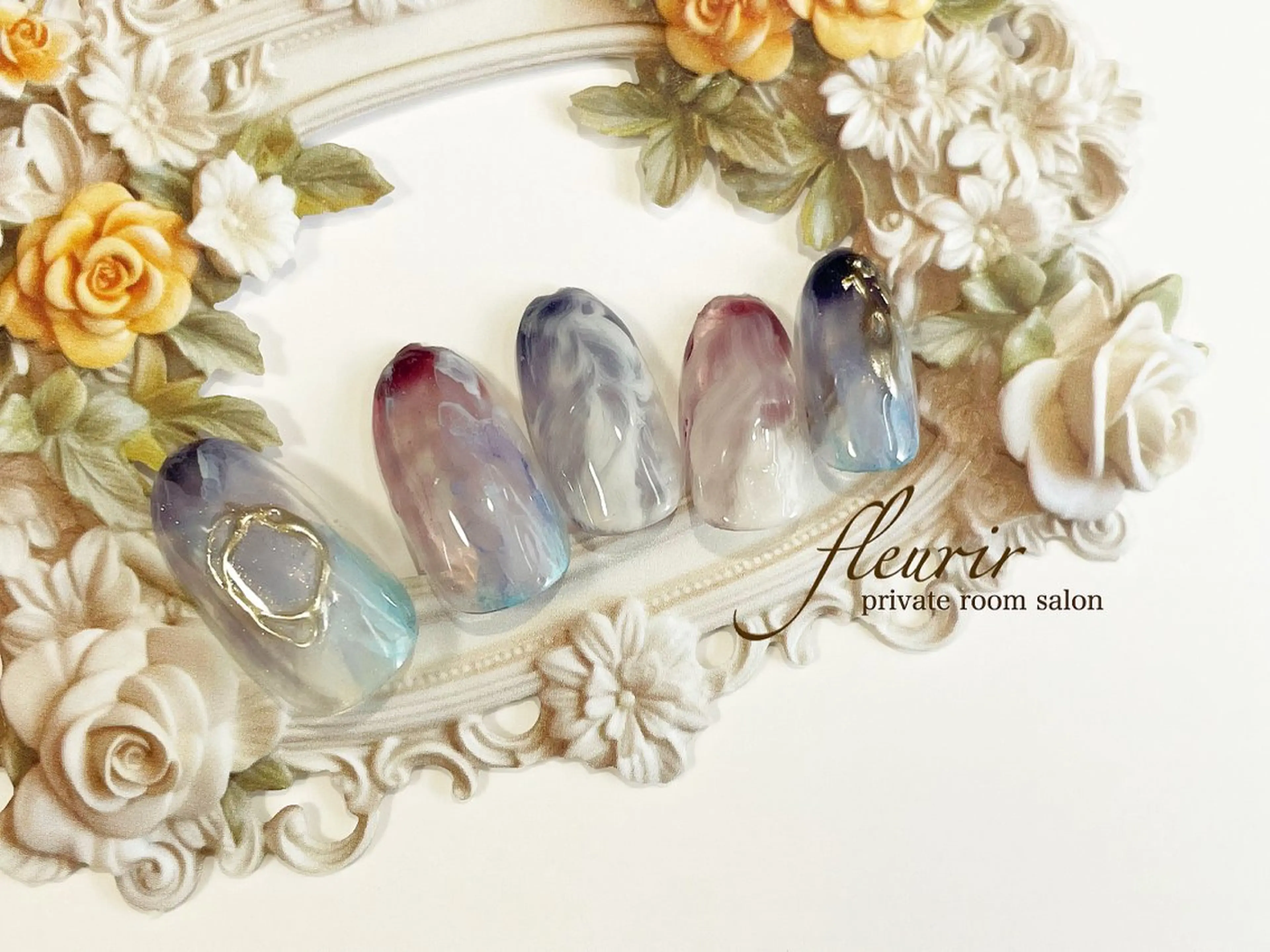 ネイル アートネイル ブルー クリアネイル ゴールド 水色 フルリール 【プライベートサロンのネイルデザイン