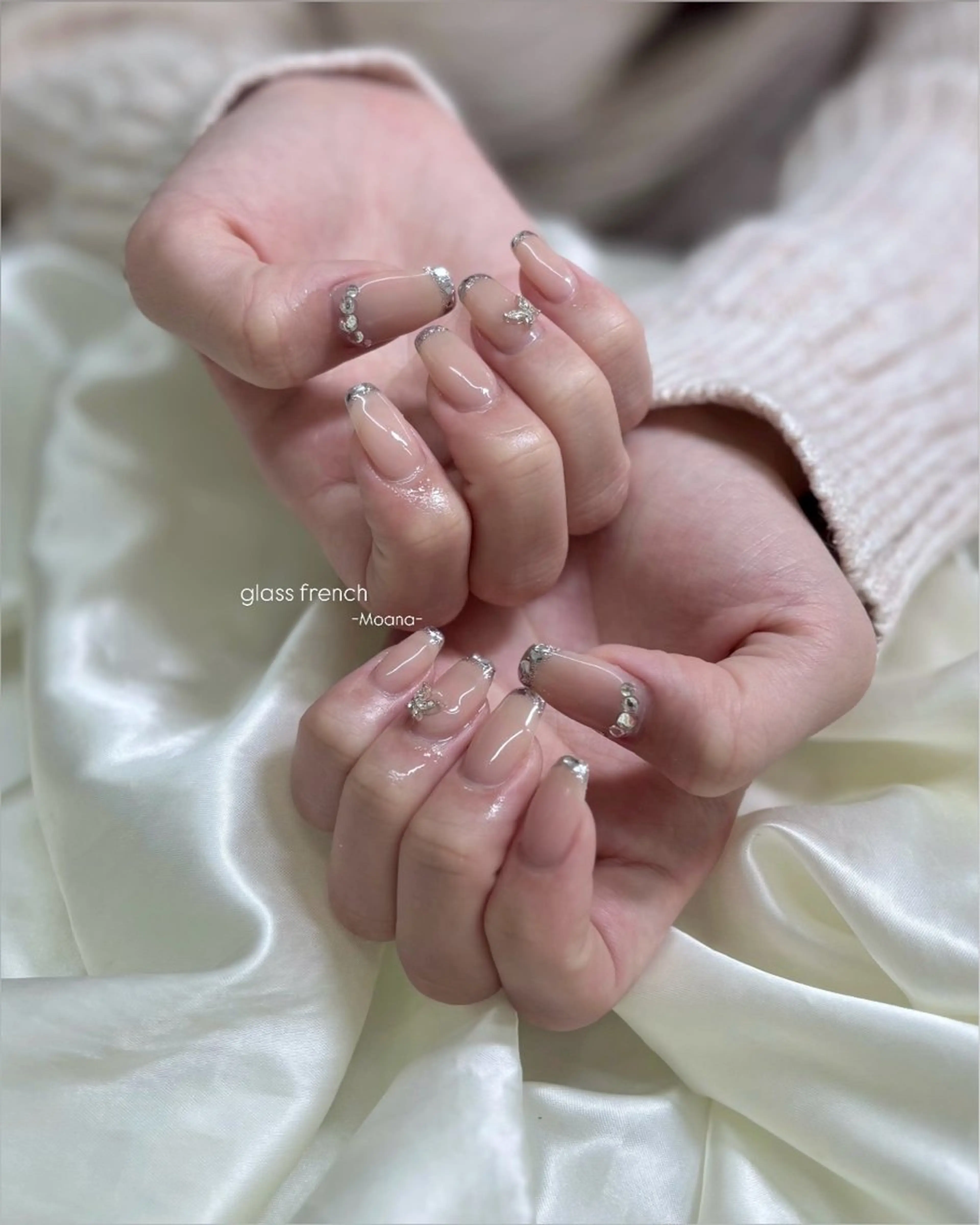 ネイル フレンチネイル ガラスフレンチ キラキラネイル 韓国ネイル オフィスネイル ハンドネイル Moana nail Hiyoriのネイルデザイン
