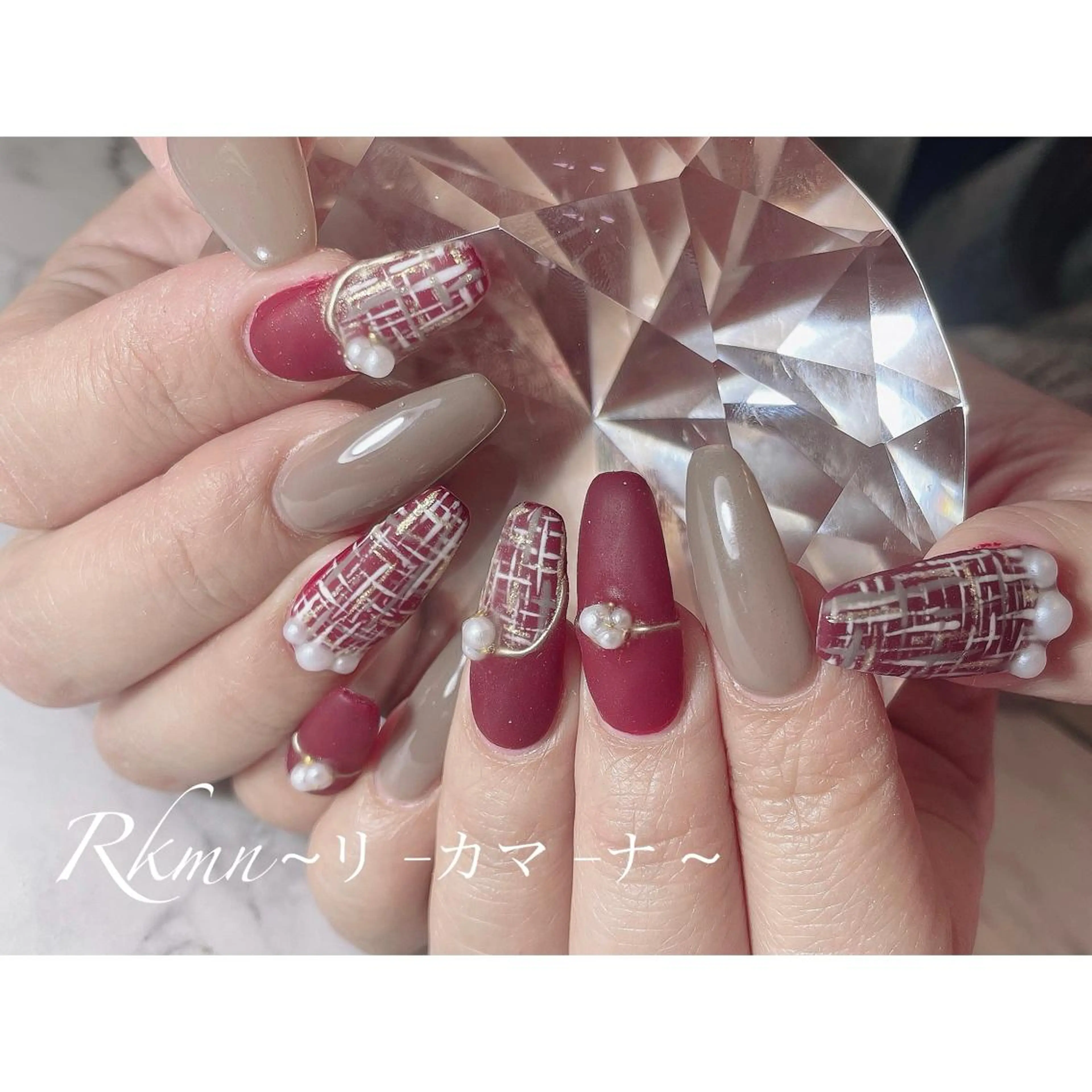 ネイル アートネイル ボルドー マットネイル ミラーネイル 春ネイル ハンドネイル フットネイル ハンドケア Rkmn ~リ-カマ-ナ~のネイルデザイン