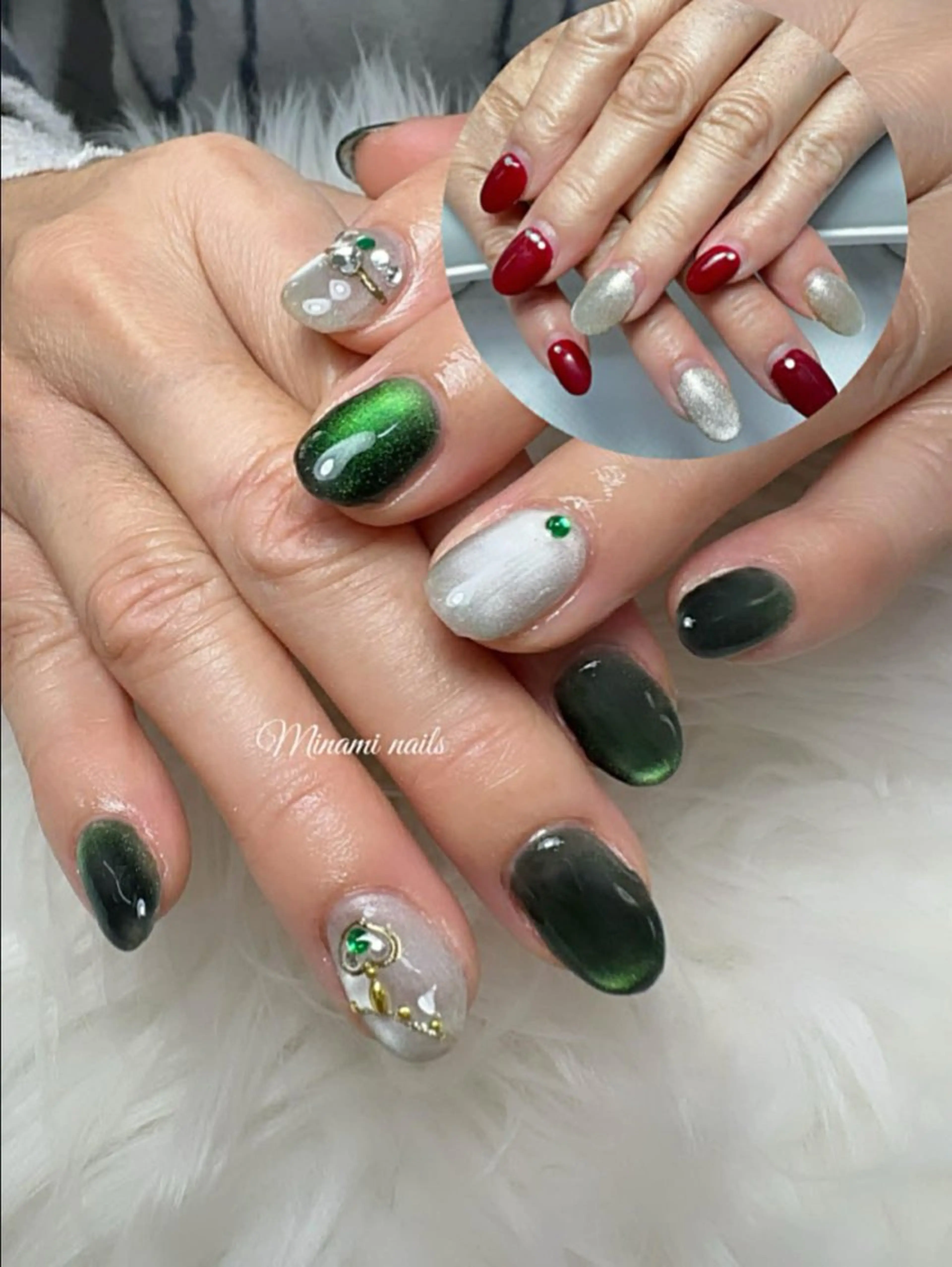 ネイル アートネイル ゴールド グリーン マグネットネイル シルバー ハンドネイル Minami Nailsのネイルデザイン