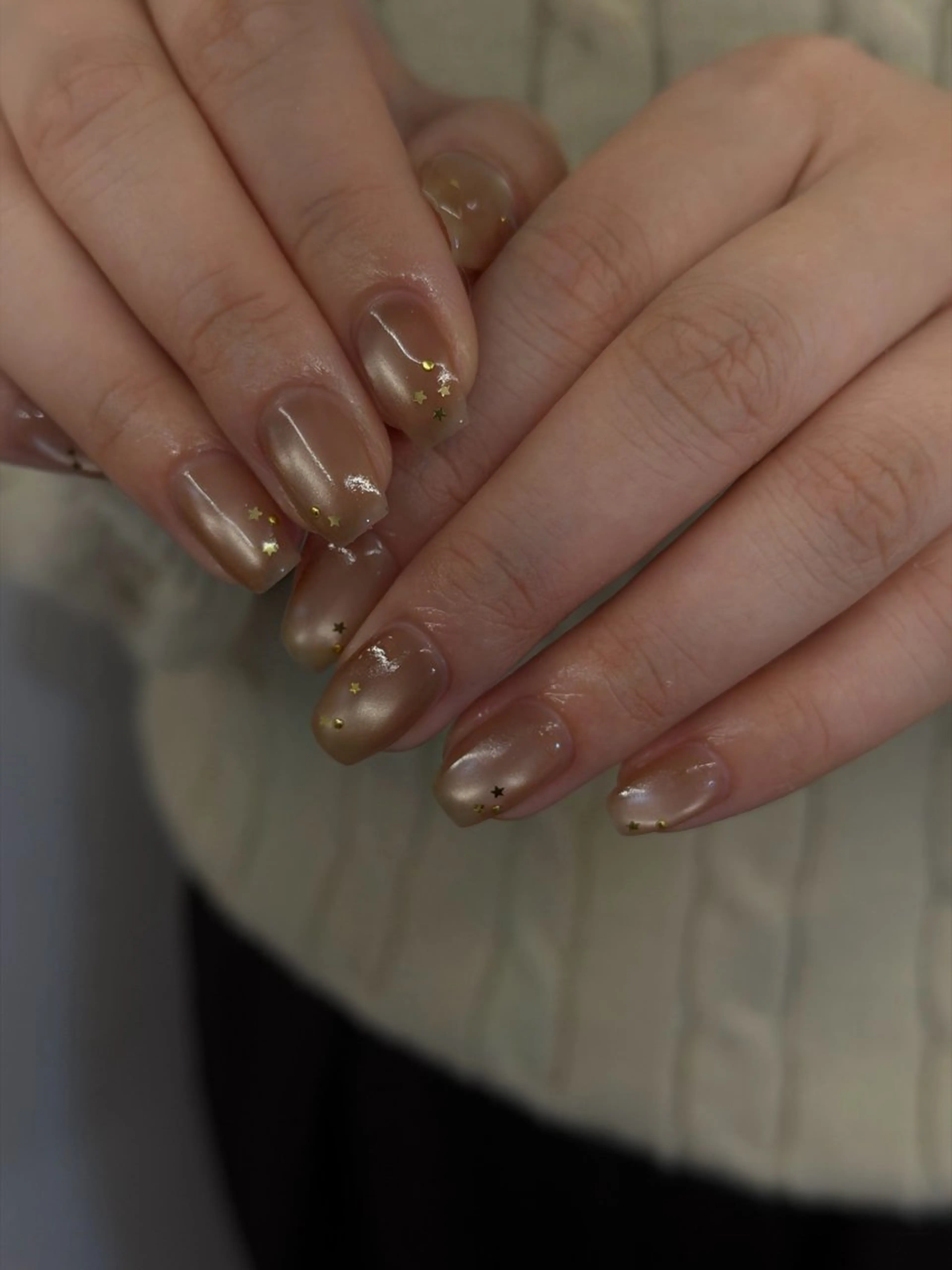 ネイル ブラウン ジェルネイル ゴールド マグネットネイル ニュアンスネイル ハンドネイル ハンドケア Bana_ Nailのネイルデザイン