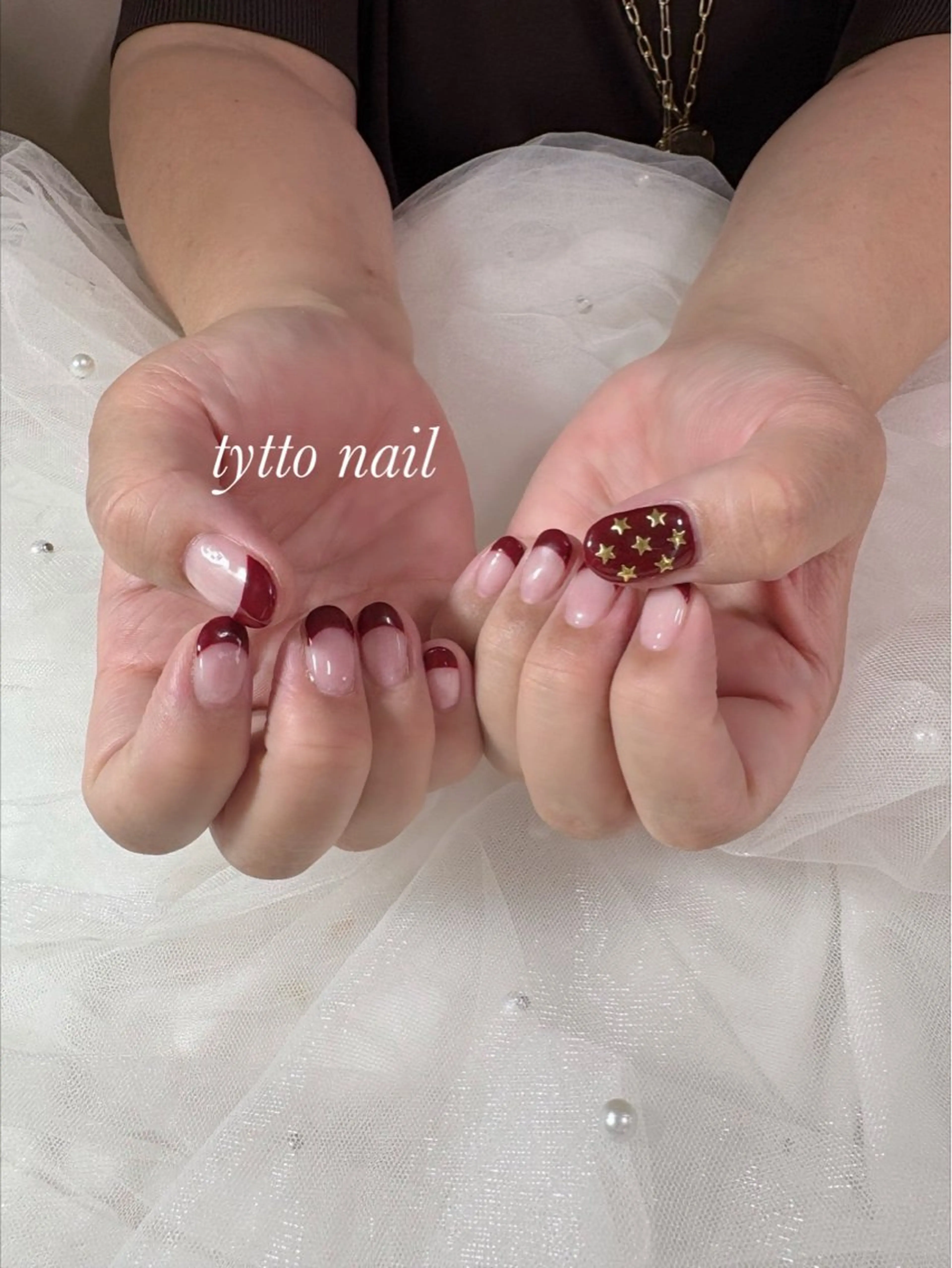 ネイル ボルドー フレンチネイル ワンカラーネイル 赤色 ショートネイル tytto nail ❤︎‪‪eri‪‪のネイルデザイン