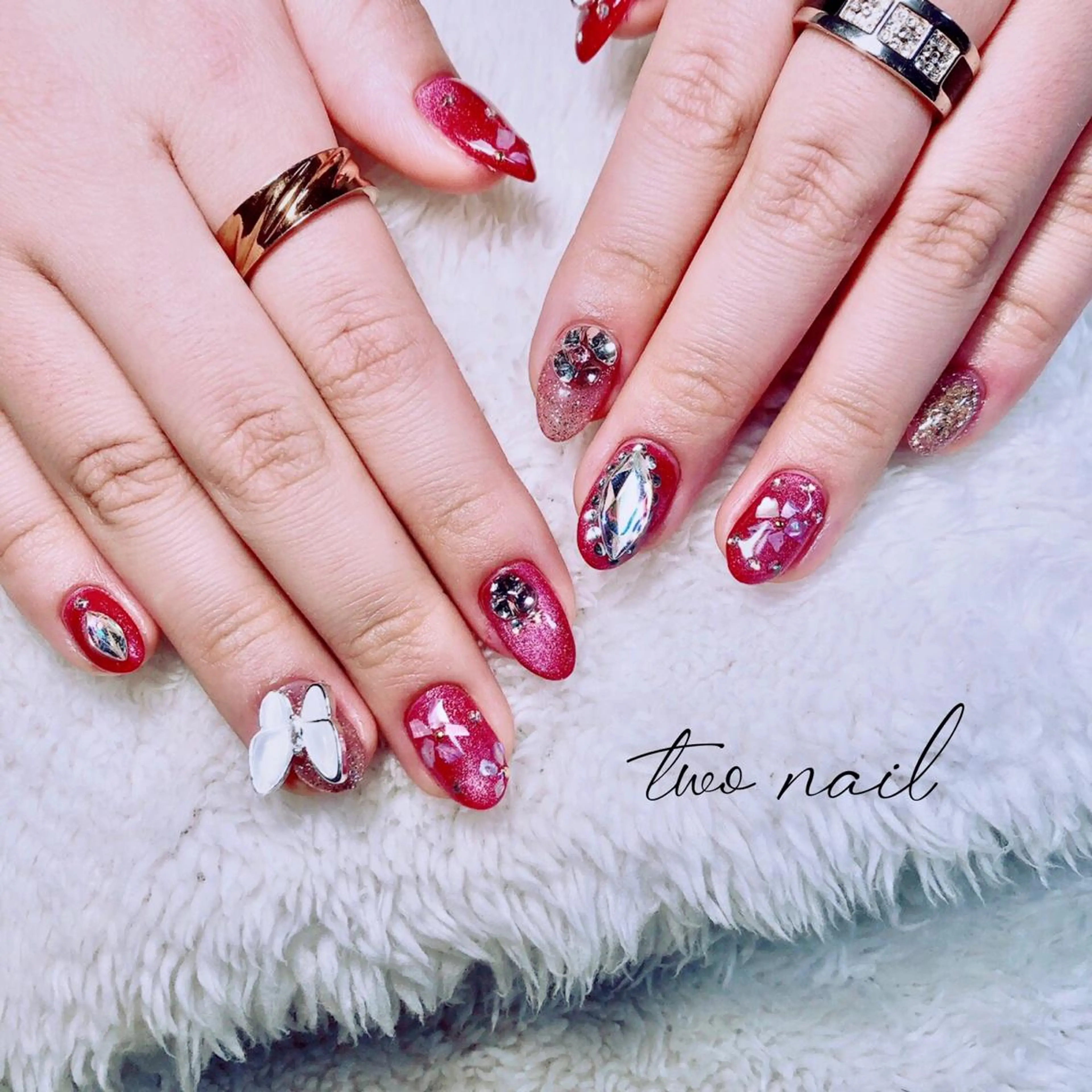 ネイル アートネイル 成人式 フットネイル ハート マグネットネイル two nailのネイルデザイン