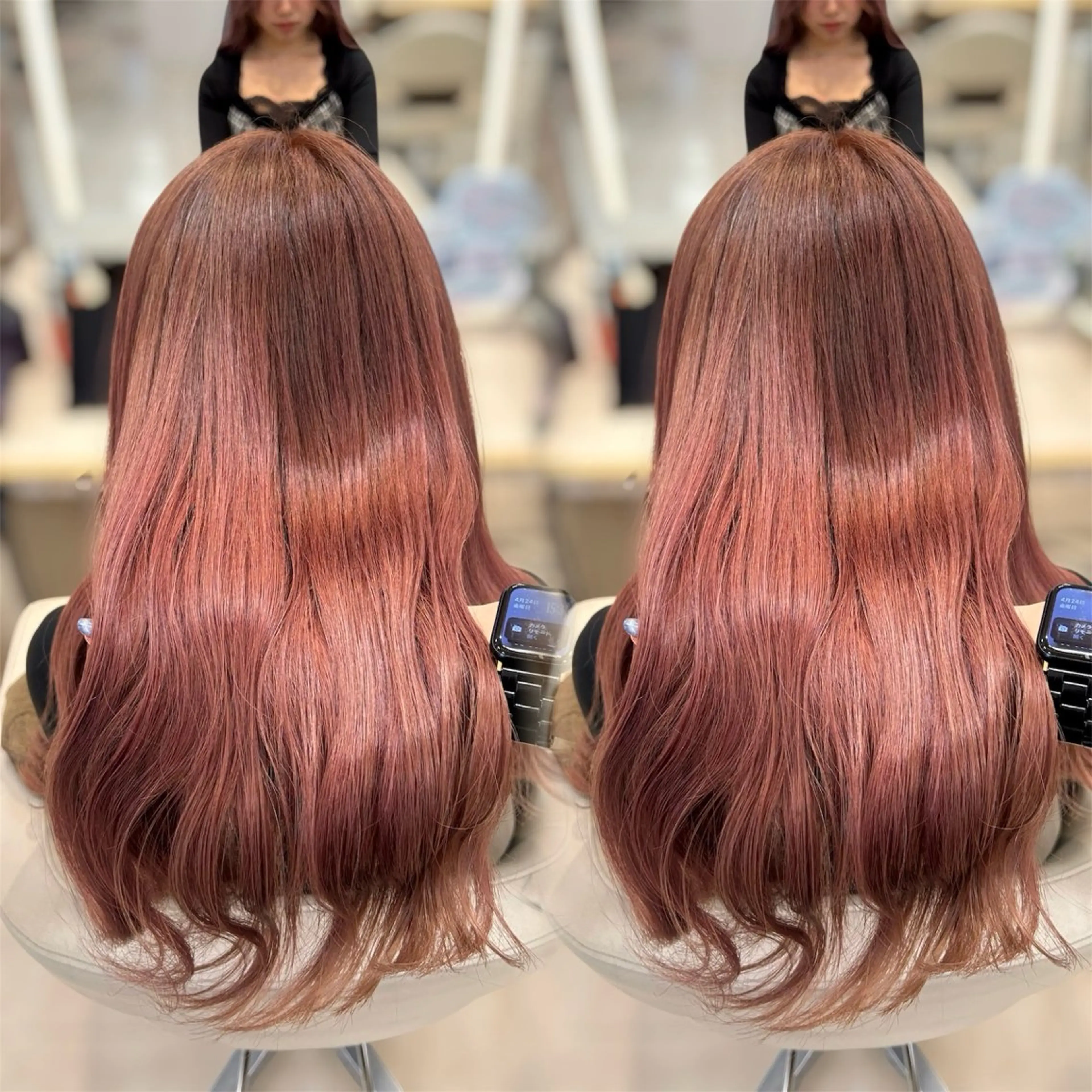 ロング カラー ベージュカラー ブリーチ ピンクカラー ピンクベージュ カット ヘアカラー トリートメント ヘアセット ベージュ/つや髪/ レイヤー／ゆいなのヘアスタイル