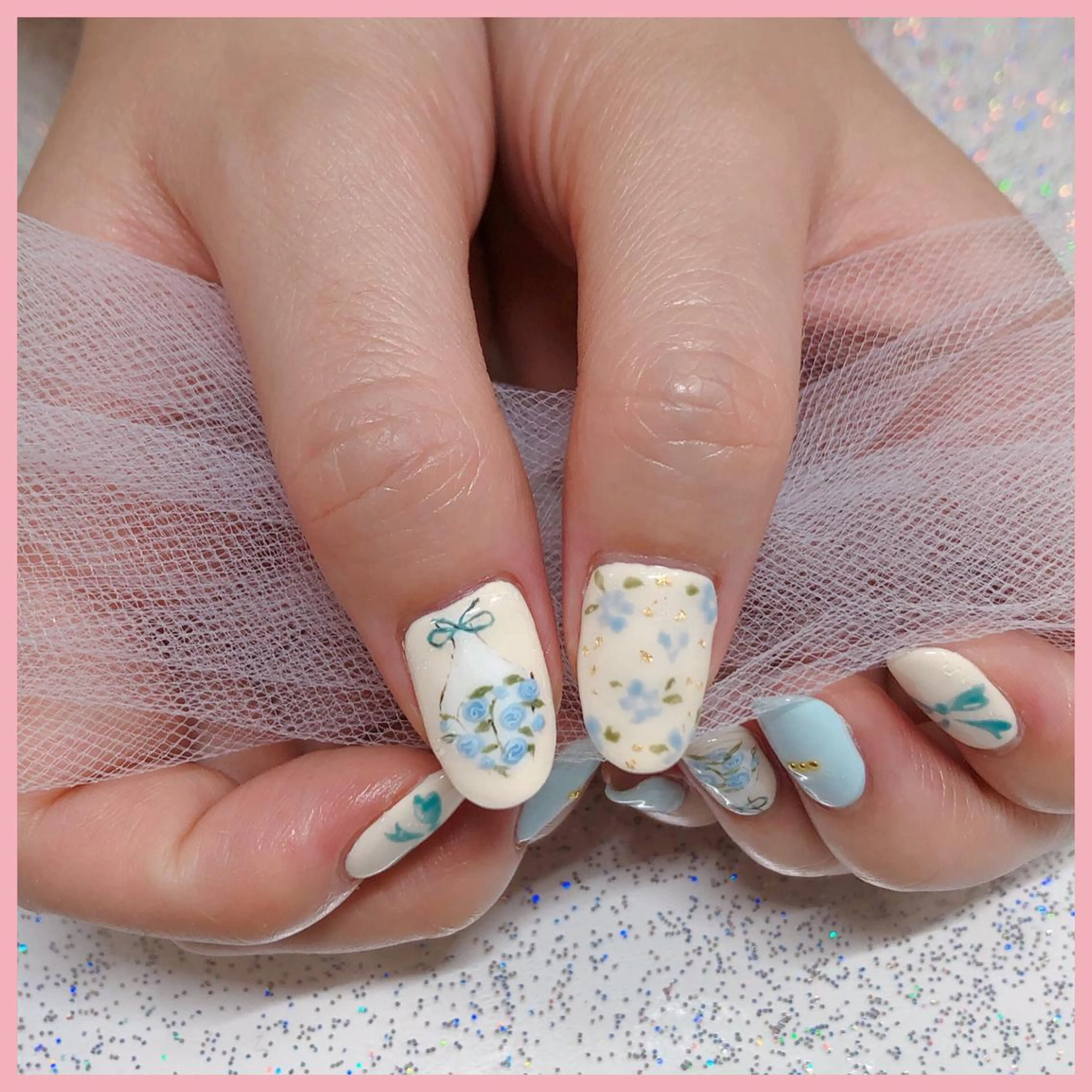 ネイル アートネイル ブルー フラワーネイル ガーリー ハート ハンドネイル plume nail ☆韓国ネイルのネイルデザイン