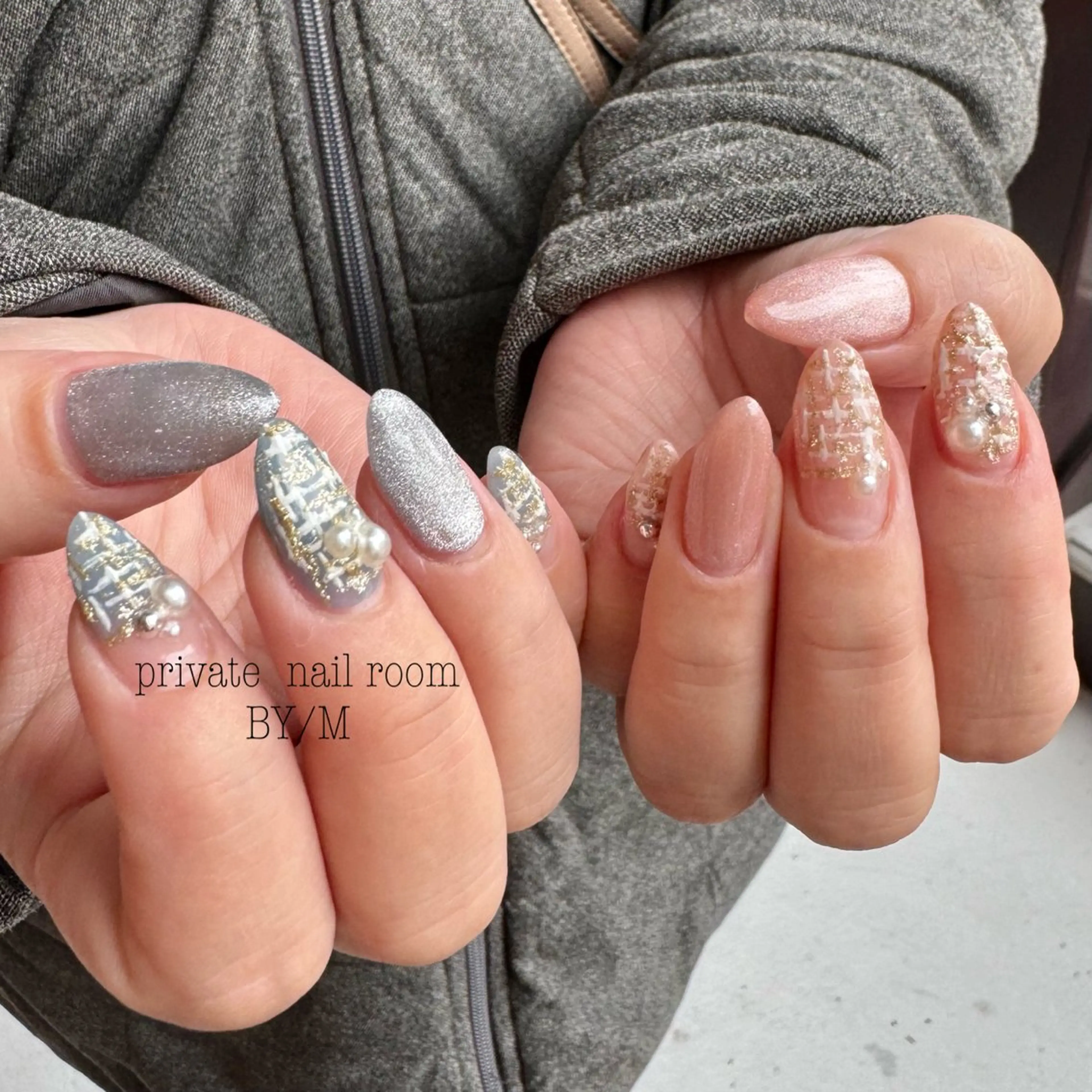 ネイル 水色 マグネットネイル 持ち込み ピンク ツイードネイル ハンドネイル BY / Mのネイルデザイン