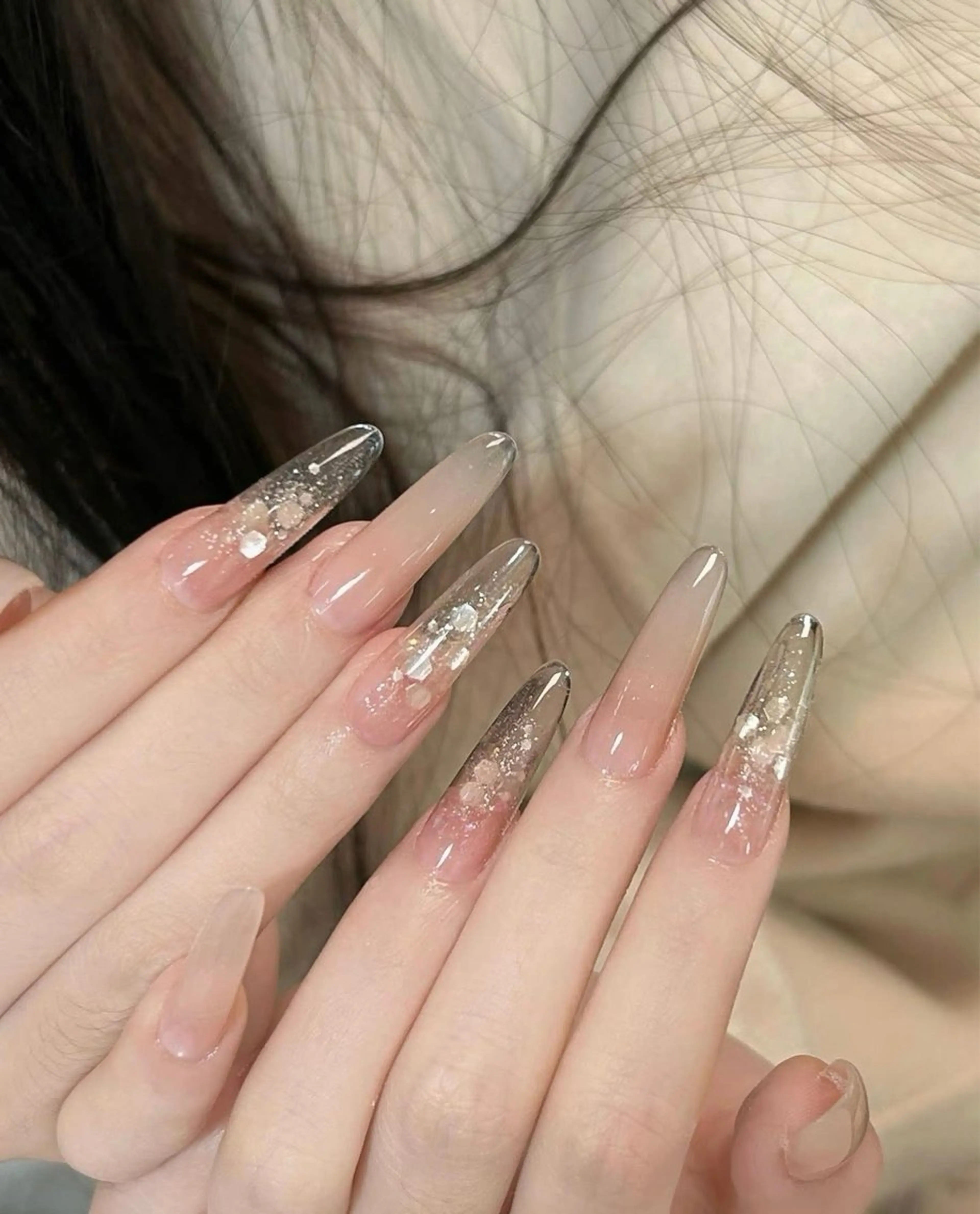 ネイル 長さ出し フレンチネイル ジェルネイル ガラスフレンチ 韓国ネイル ハンドネイル Minette nailHuongのネイルデザイン