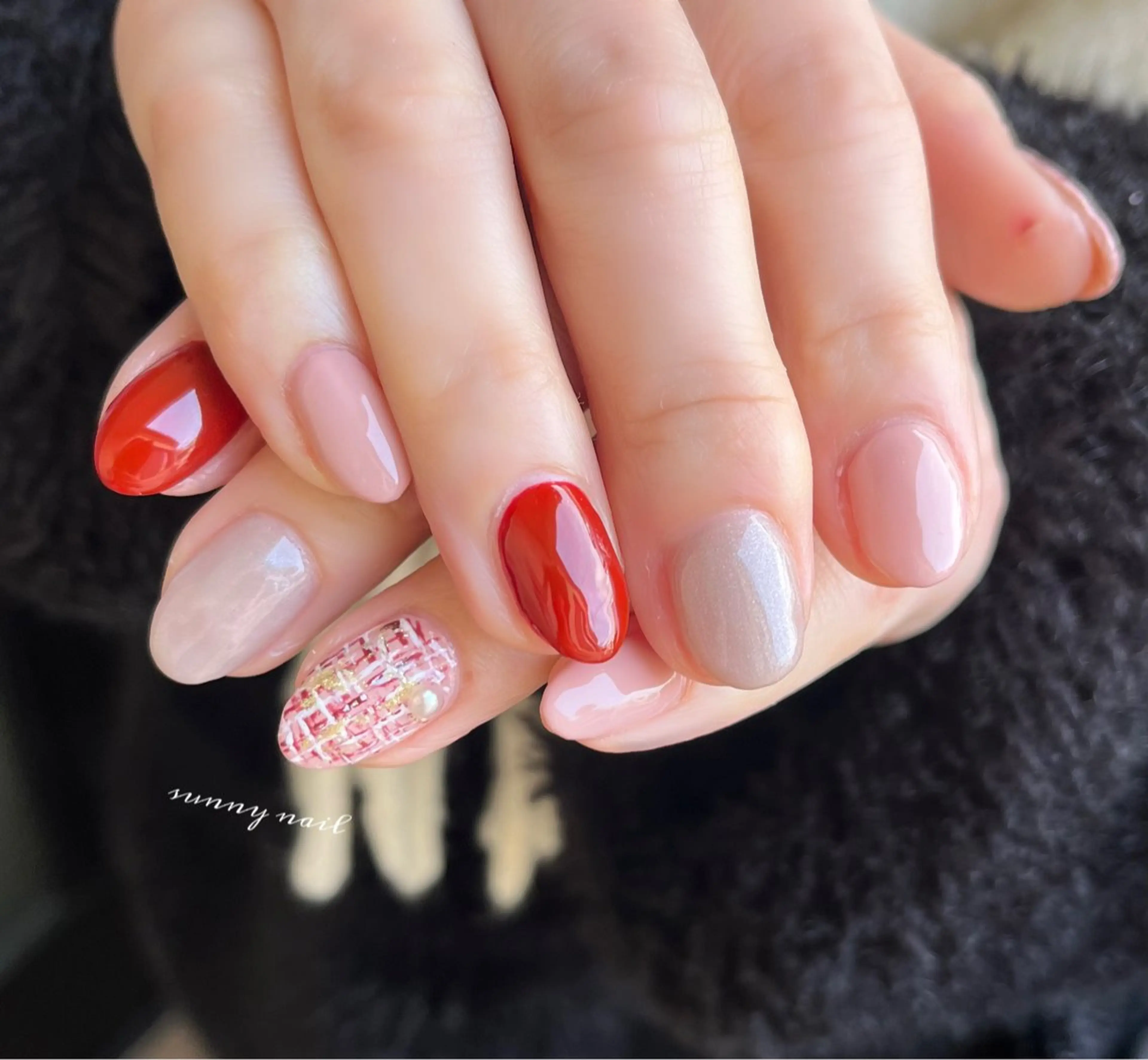 ネイル ボルドー ジェルネイル パラジェル ツイードネイル バレンタイン sunny nailのネイルデザイン