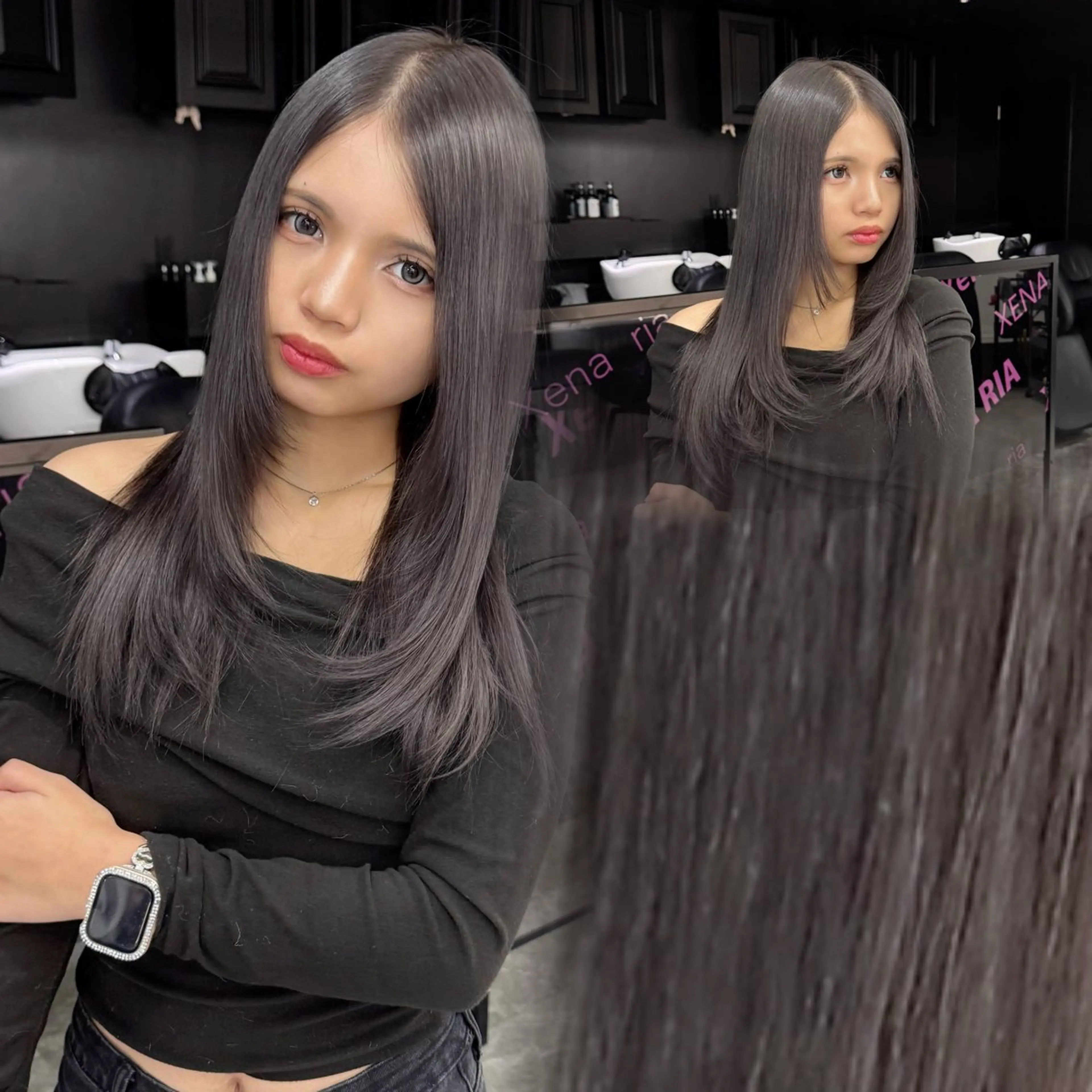 ロング カラー 黒髪 ナチュラルブラック ヘアカラー トリートメント RIHO🎀 名駅 ハイトーン×顔周りのヘアスタイル