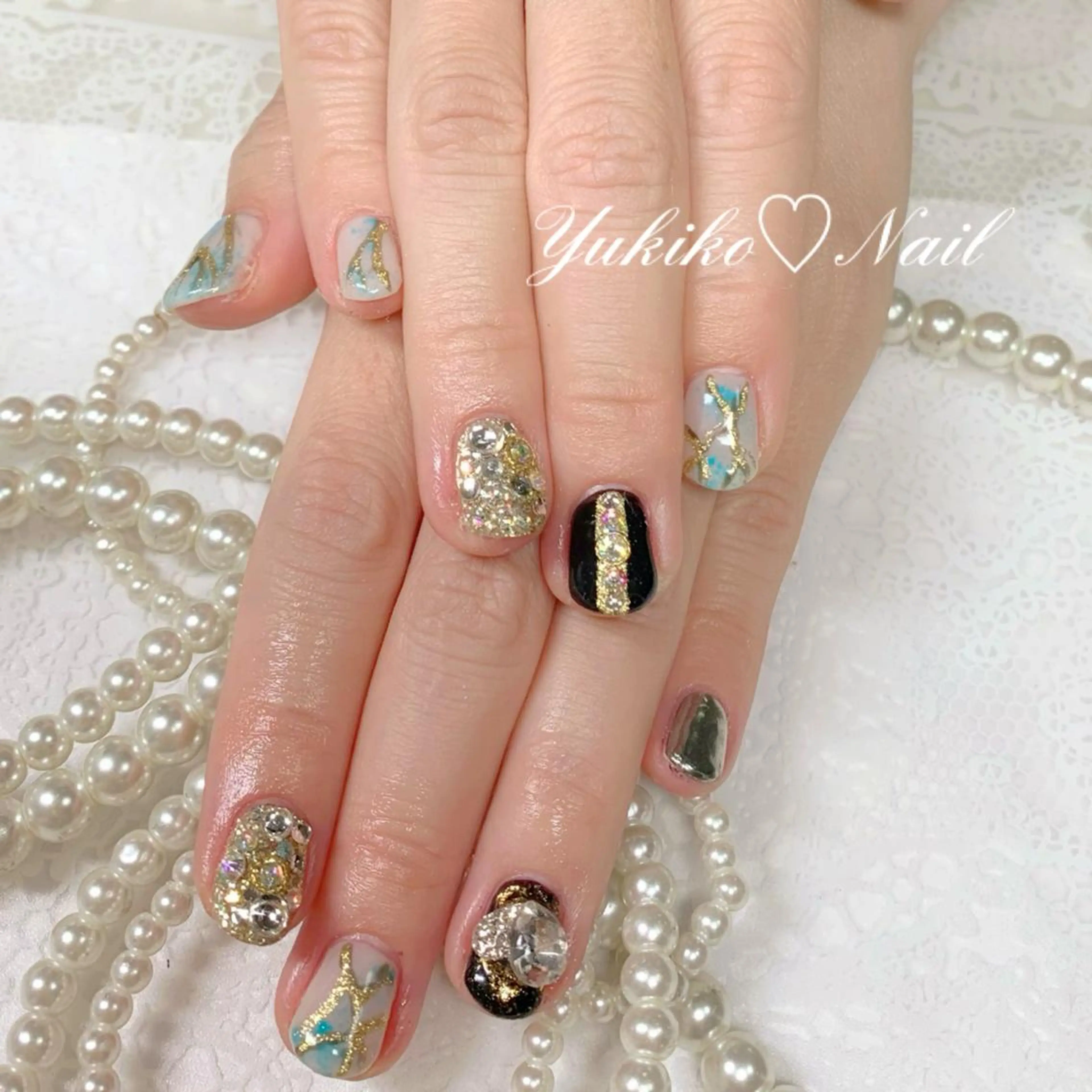 ネイル ゴージャス キラキラネイル 大理石ネイル(マーブル) ミラーネイル 持ち込み ユキコ ネイルのネイルデザイン