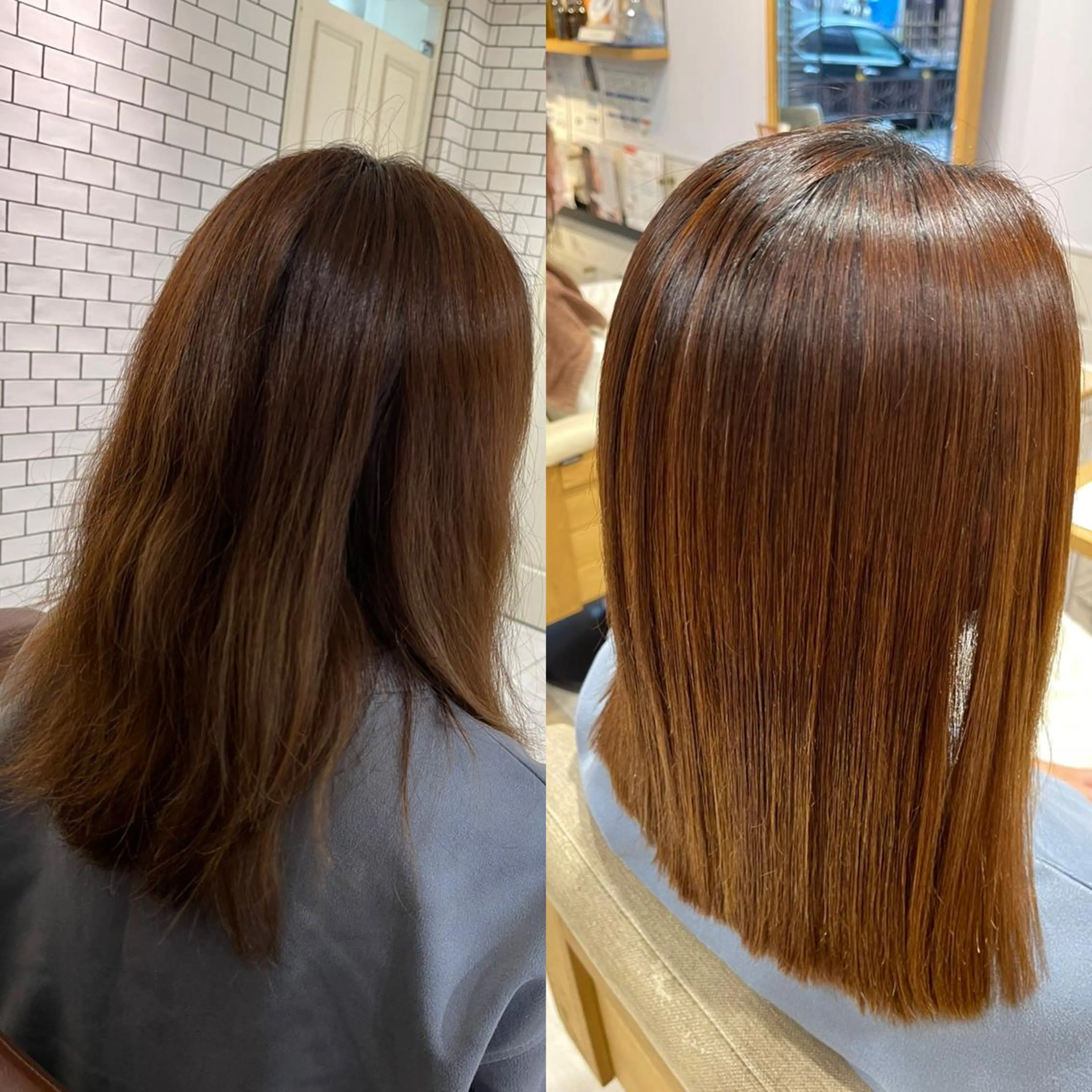 ミディアム ハイライト カット 縮毛矯正 馬場智哉 白髪ぼかしハイライトのヘアスタイル