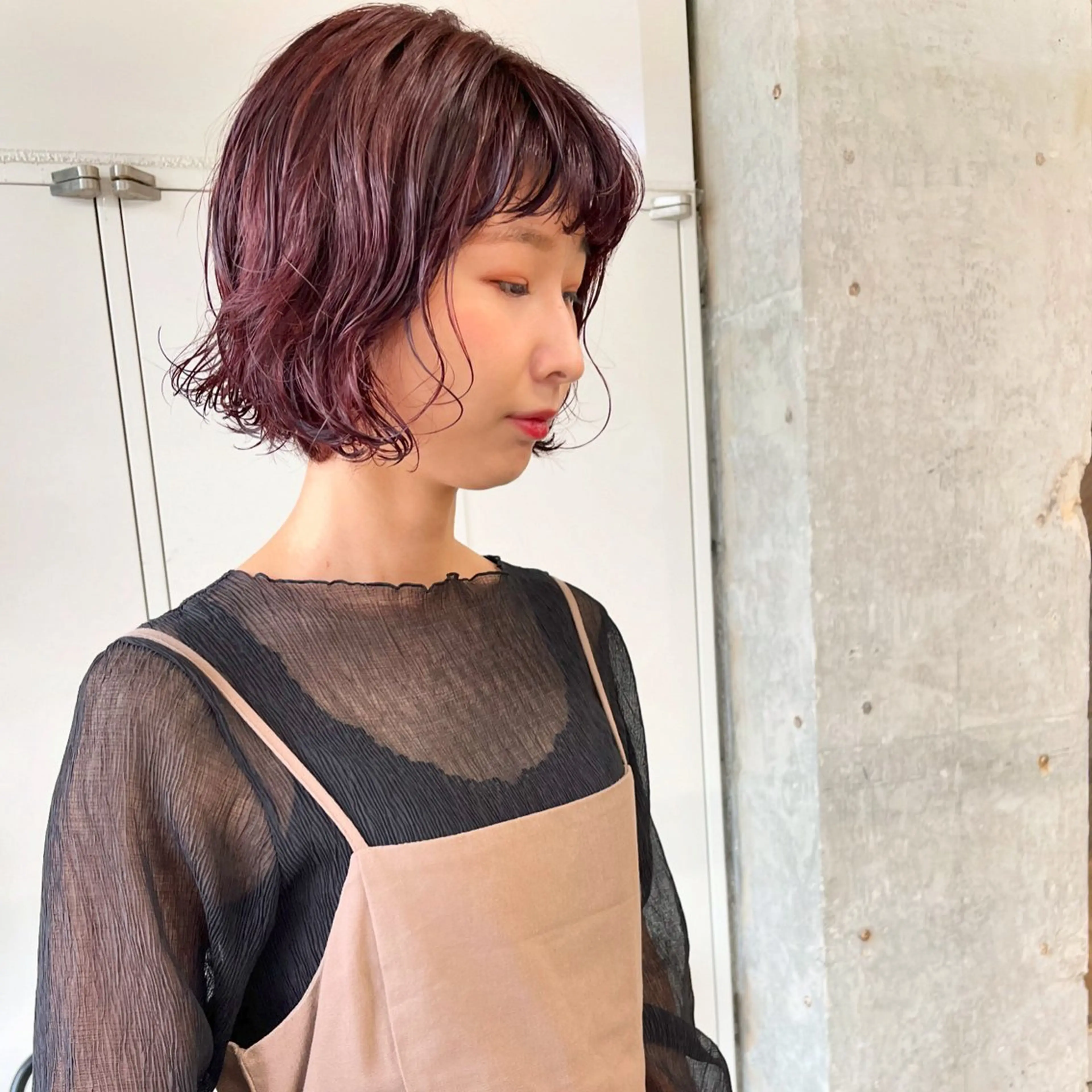 ミディアム カラー パーマ レッドカラー カット ヘアカラー パーマ 小木曽智美 /ボブ/ショートのヘアスタイル