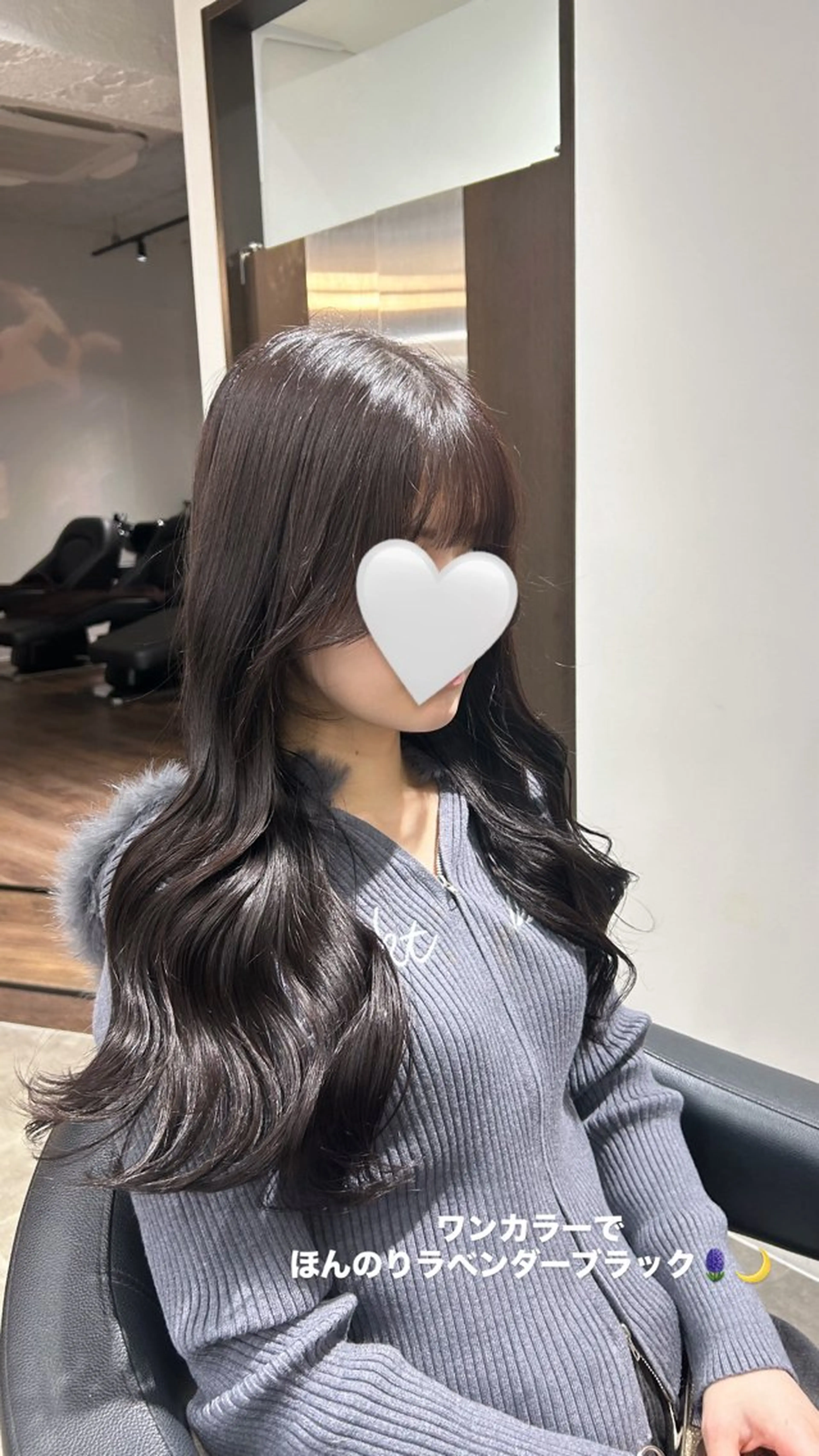 ロング カラー ヘアアレンジ 黒髪 パープルカラー パープルブラック カット ヘアカラー トリートメント ヘッドスパ ヘアセット 💎韓国/ レイヤー カット/ 暖色🫧のヘアスタイル