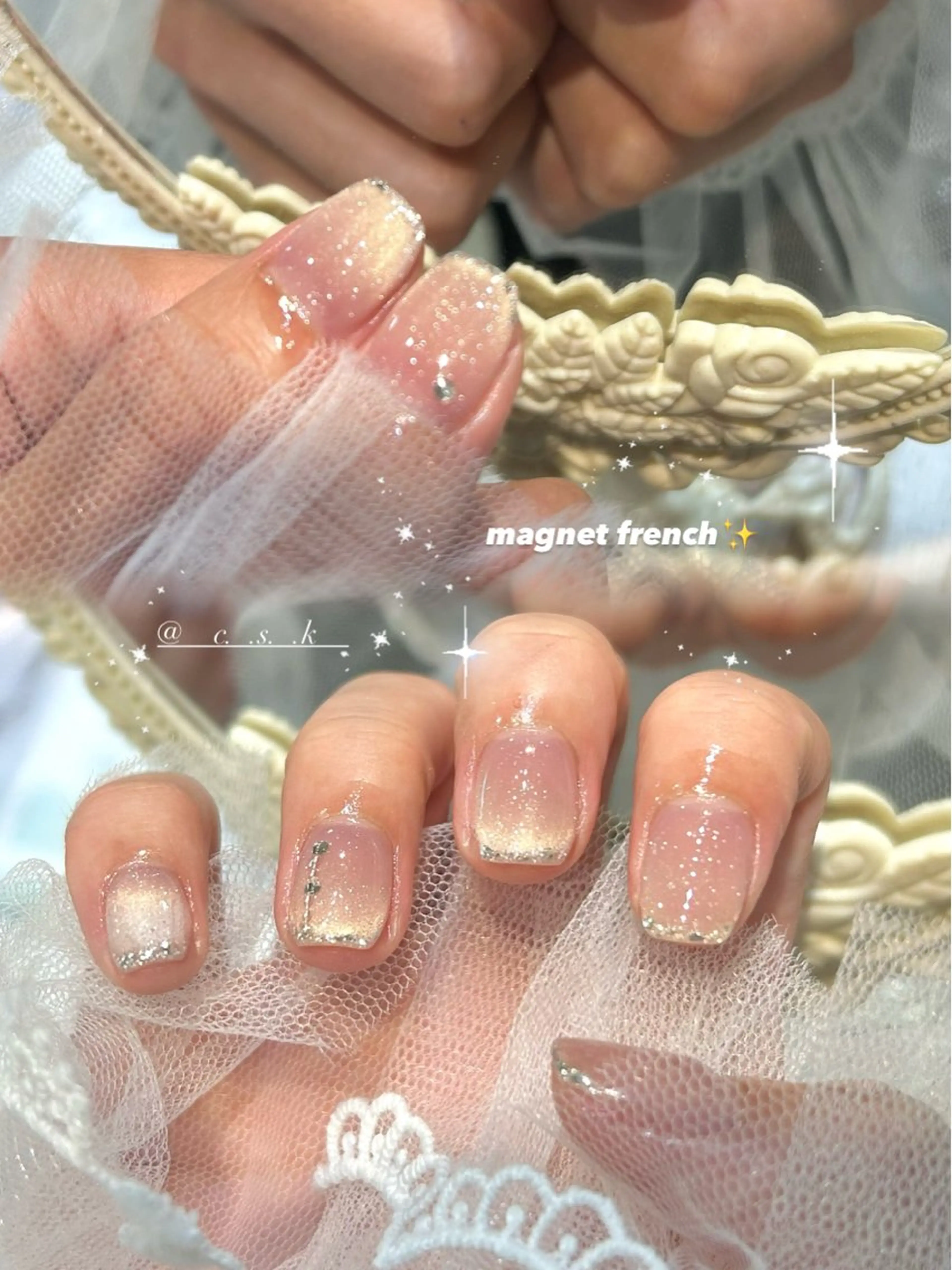 ネイル フレンチネイル ガラスフレンチ マグネットネイル ハンドネイル 🎀チーク/ちゅるん 🫧chisa🎀のネイルデザイン