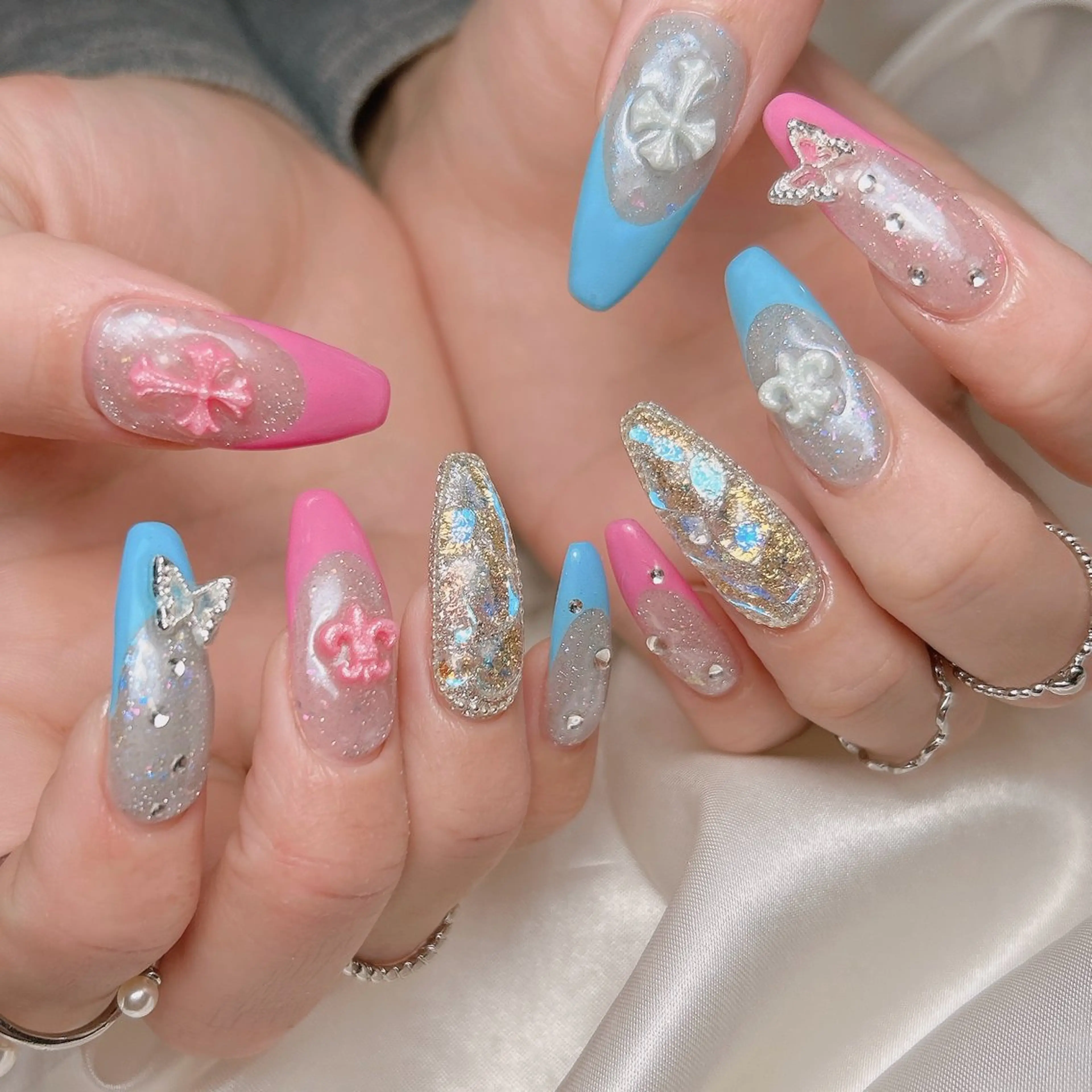 ネイル 水色 ピンク ハンドネイル junna 金山.東別院.上前津のネイルデザイン