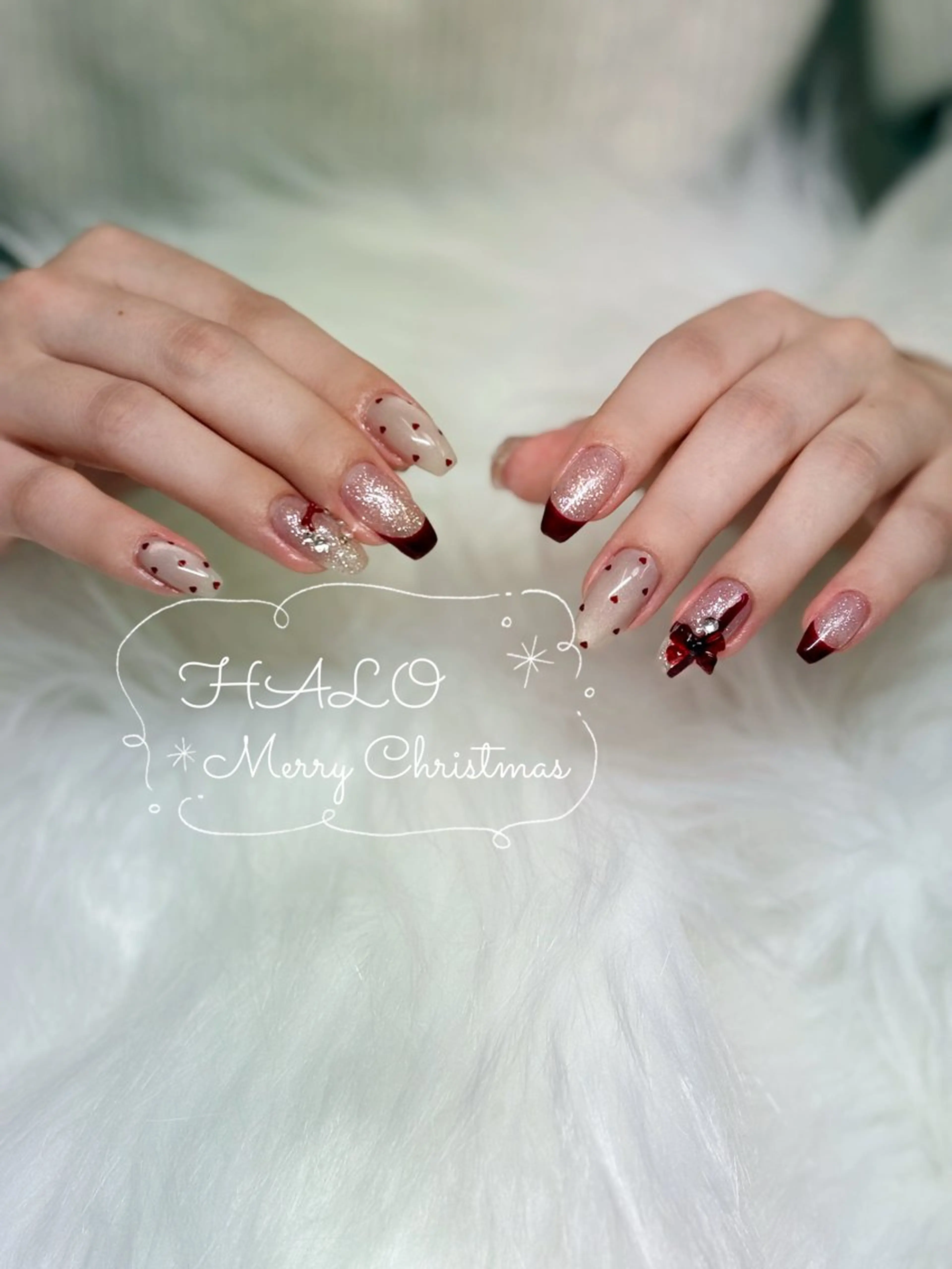 ネイル マグネットネイル 持ち込み 赤色 冬ネイル クリスマス ハンドネイル HALO ネイルモデル募集中のネイルデザイン