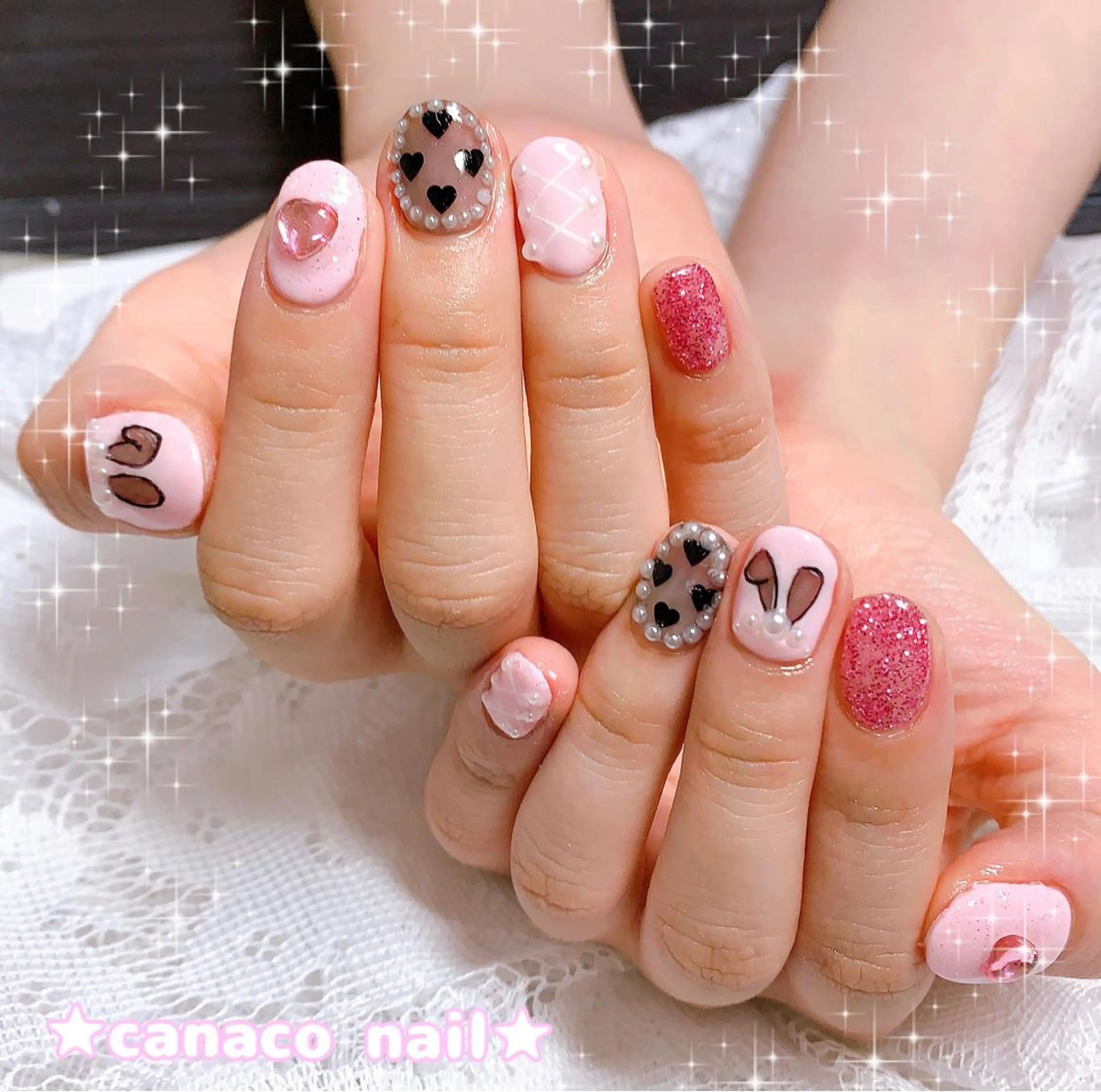 ネイル アートネイル ジェルネイル ガーリー パラジェル ピンク ハンドネイル ハンドケア ベテランネイル cnc nailのネイルデザイン