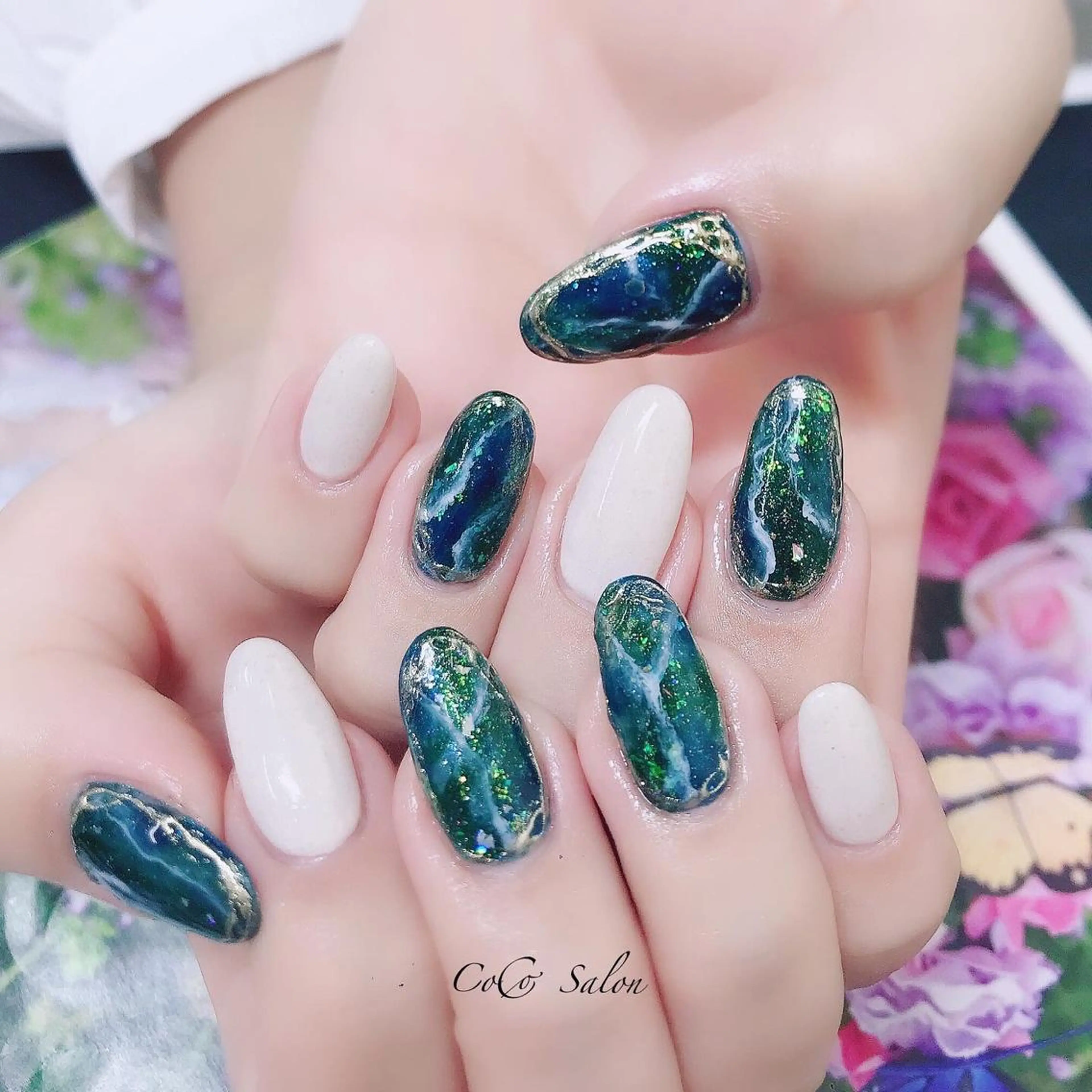 ネイル 長さ出し ジェルネイル ホログラムネイル キラキラネイル 大理石ネイル(マーブル) CoCoSalon ネイル/まつ毛予約のネイルデザイン