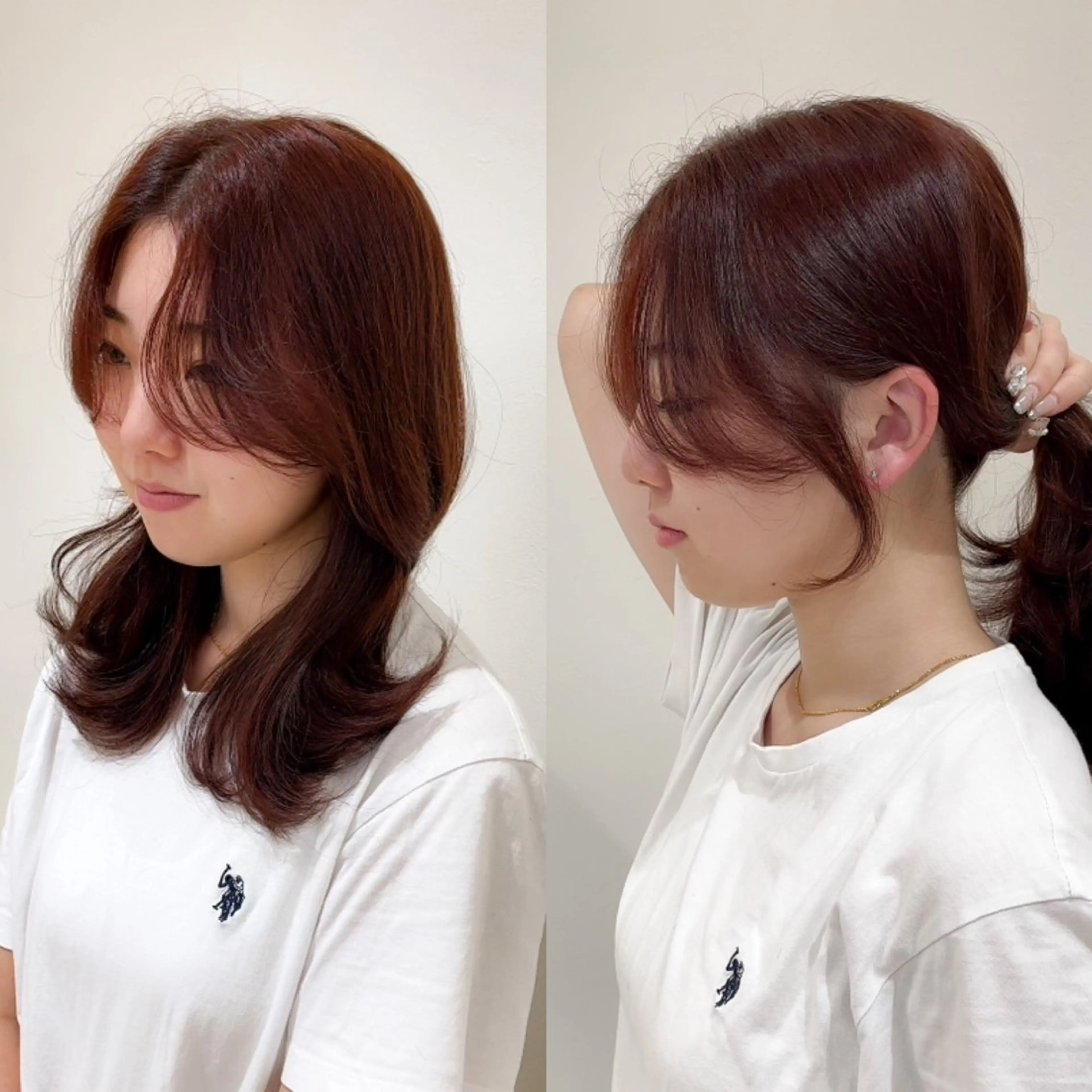 ミディアム カラー ブリーチ カシス ブリーチなしカラー レッドカラー くびれヘア カット ヘアカラー トリートメント ミタニ/髪質改善 /レイヤーカットのヘアスタイル