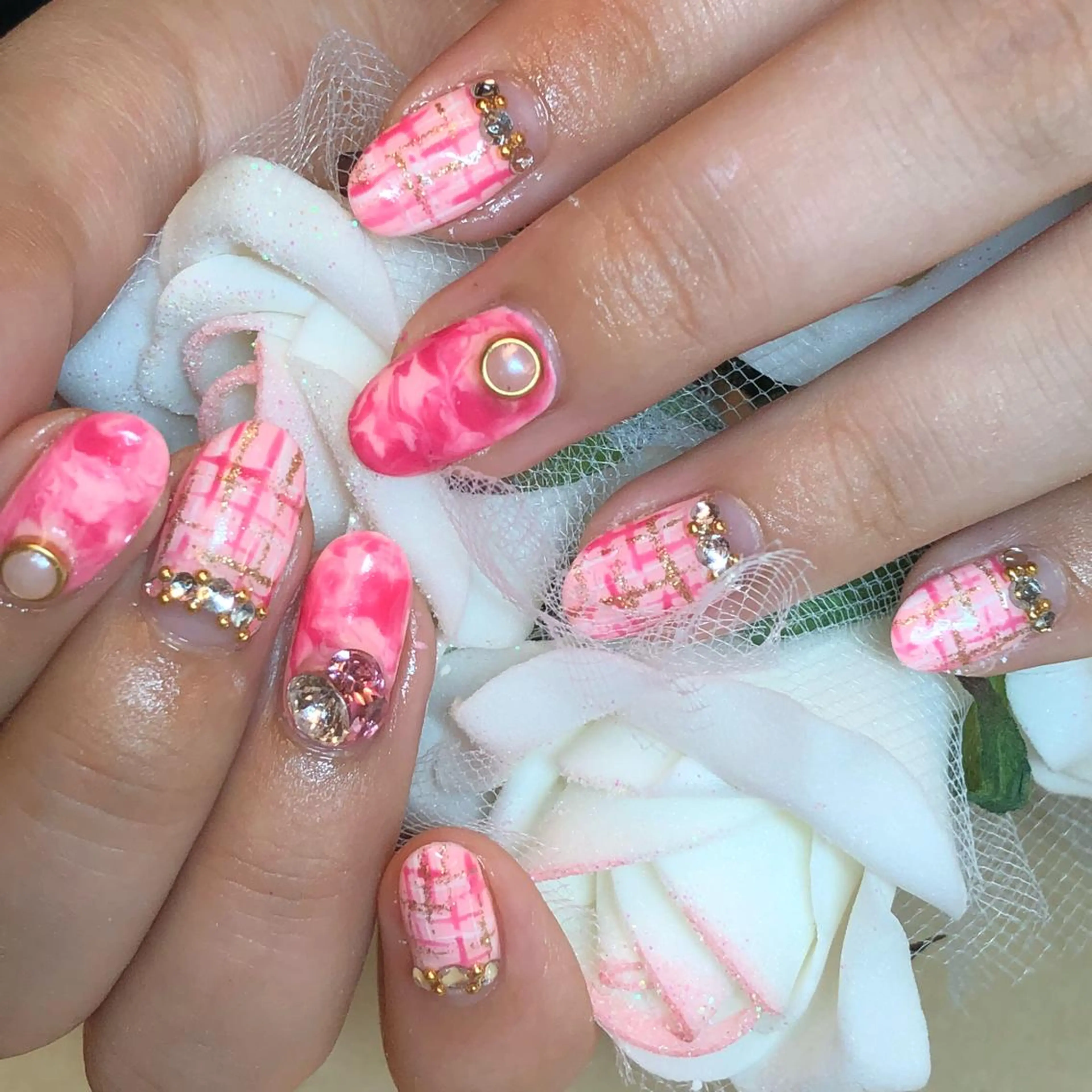 ネイル 大理石ネイル(マーブル) 持ち込み ピンク ツイードネイル KIREIE NAILSのネイルデザイン