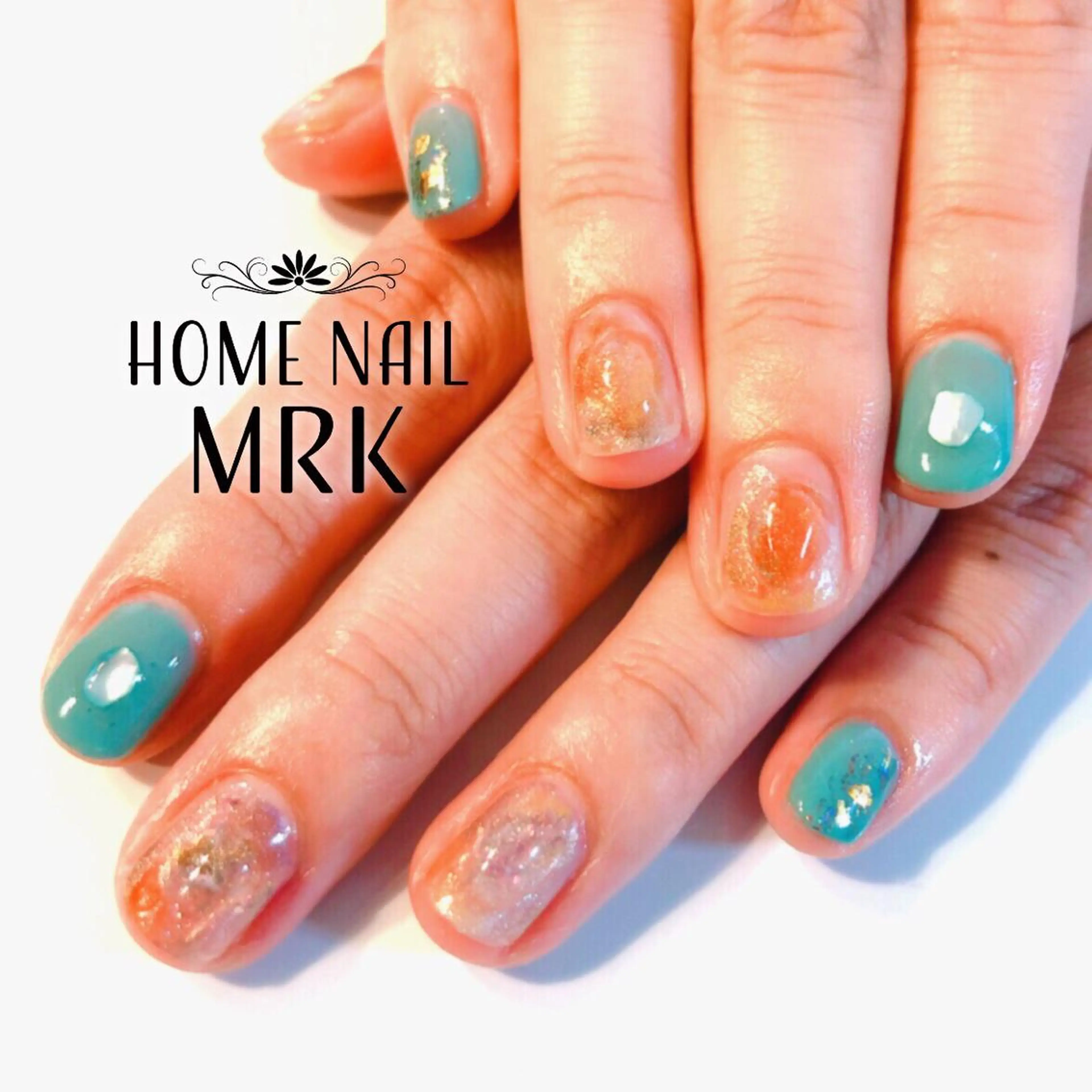 ネイル グリーン ニュアンスネイル ワンカラーネイル オレンジ MARUKO nailのネイルデザイン