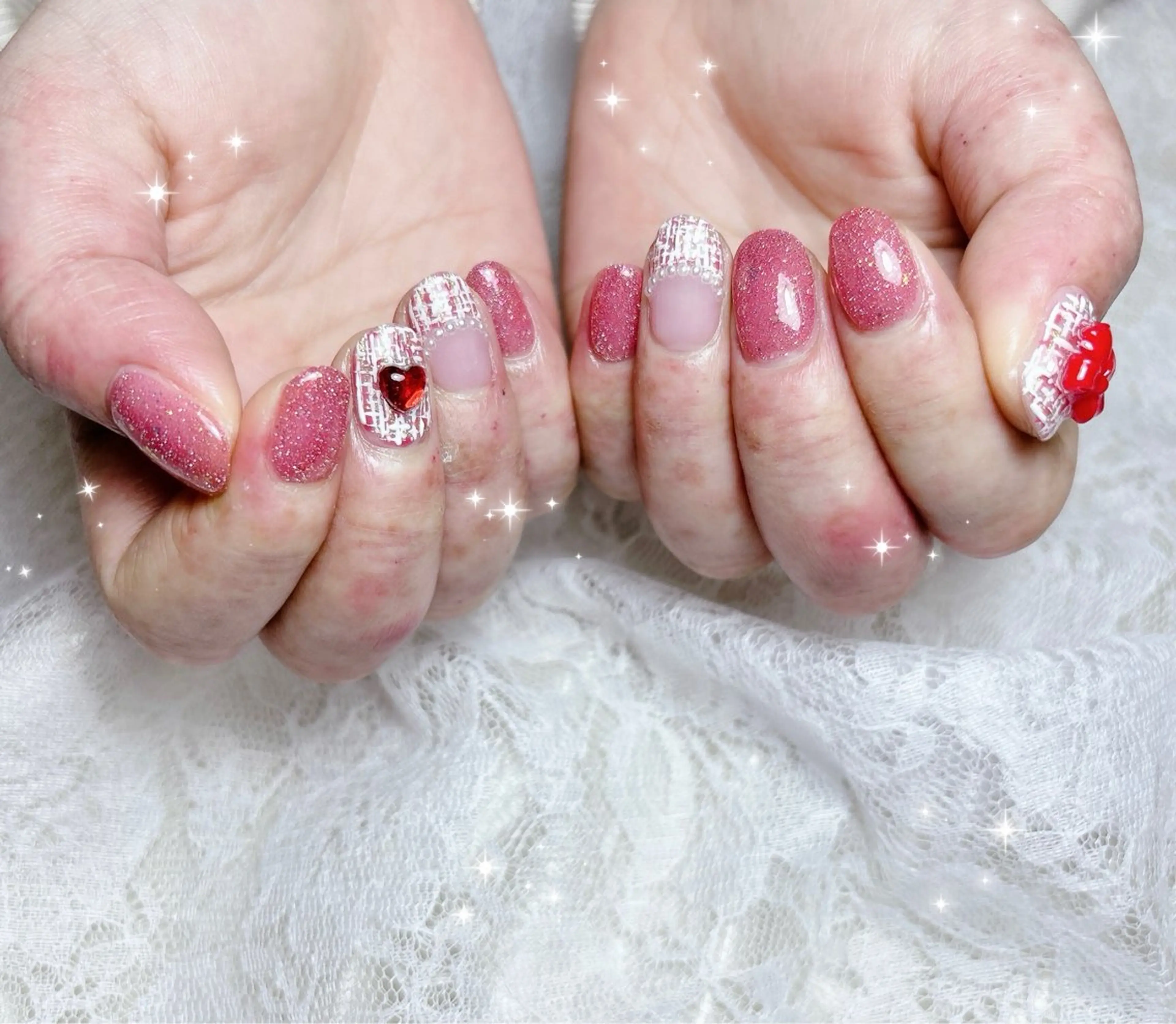 ネイル 赤色 ツイードネイル ハンドネイル FLARE NAIL フレアネイルのネイルデザイン