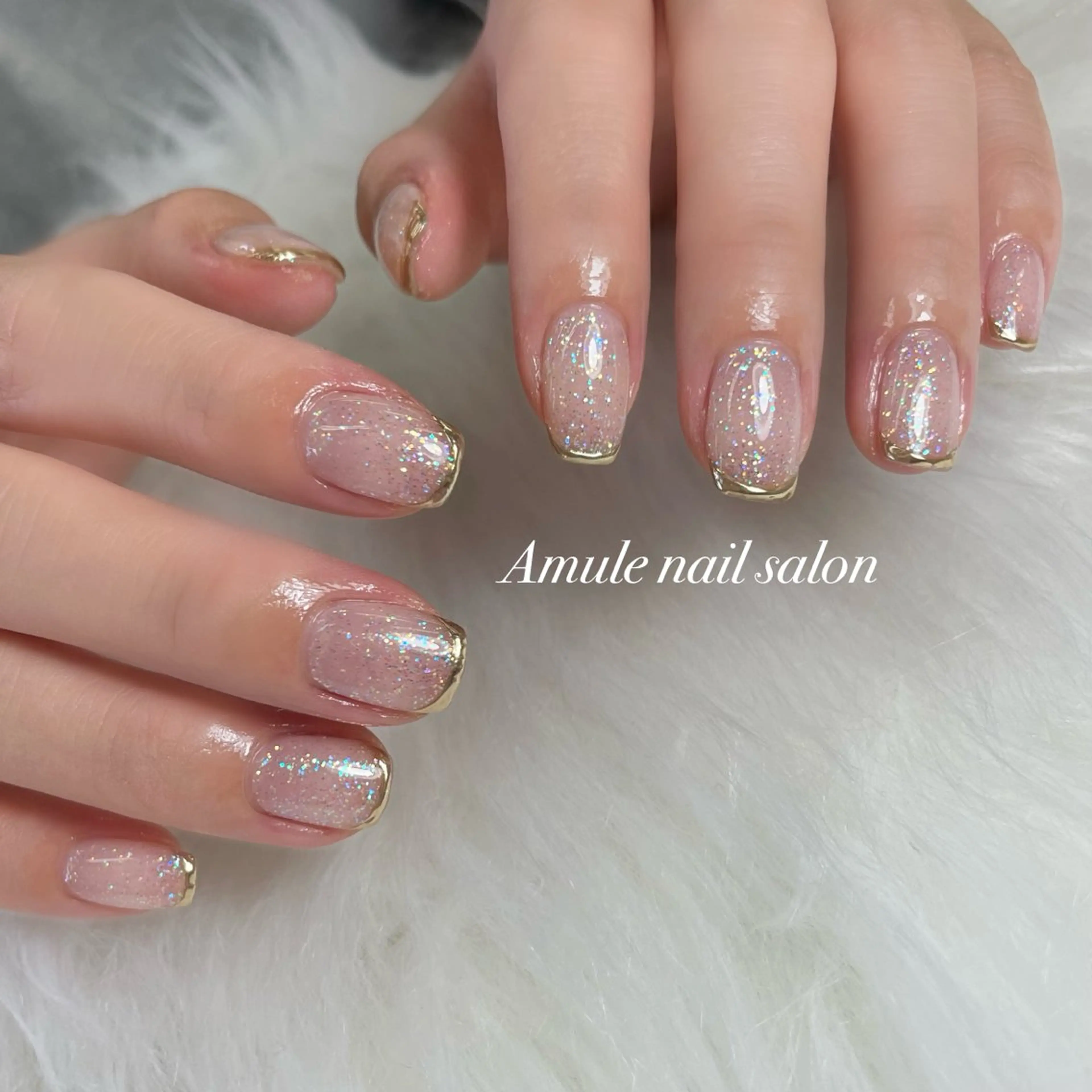 ネイル オーロラネイル フレンチネイル ゴールド ラメ(グリッター) ミラーネイル ハンドネイル Amule nailsalonのネイルデザイン