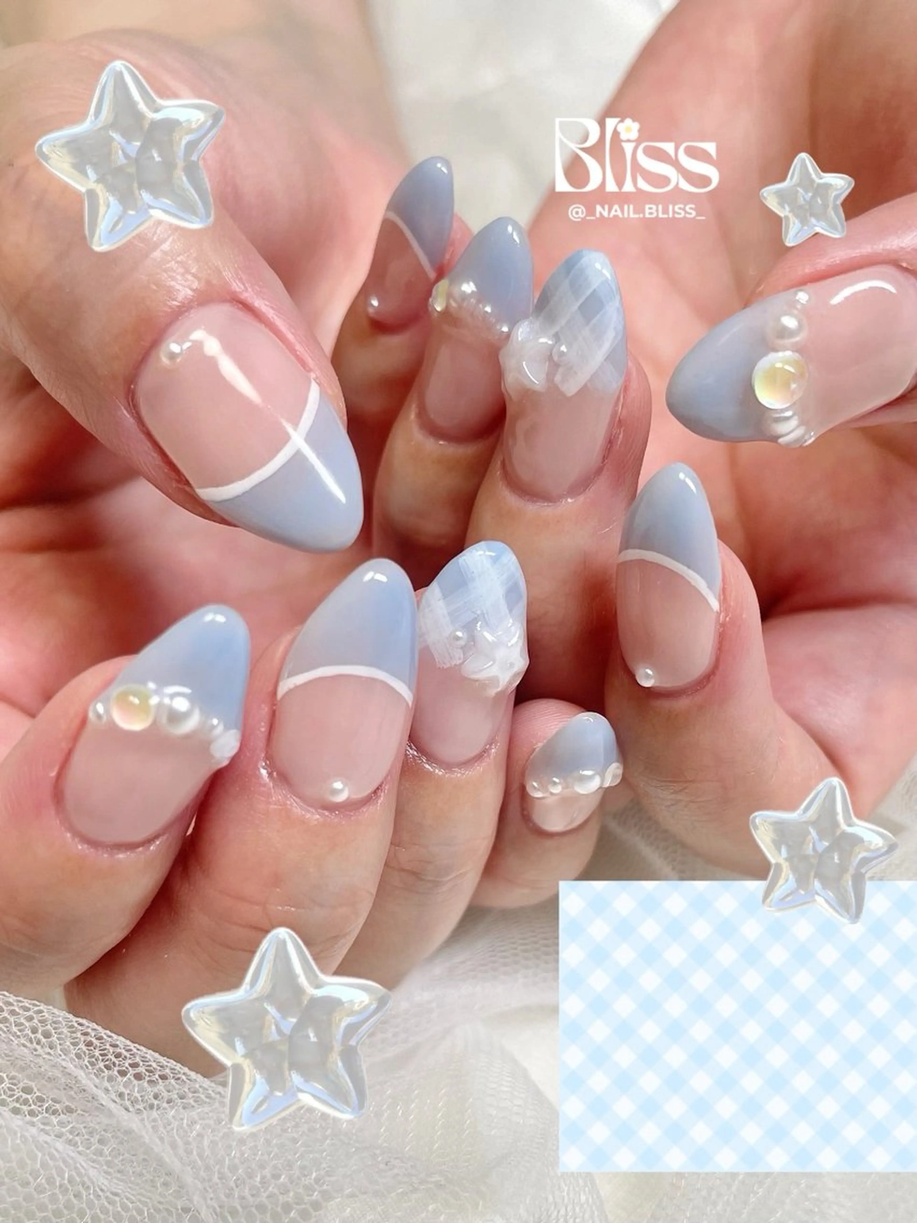 ネイル ガーリー 水色 持ち込み ハンドネイル NAIL BLISSのネイルデザイン