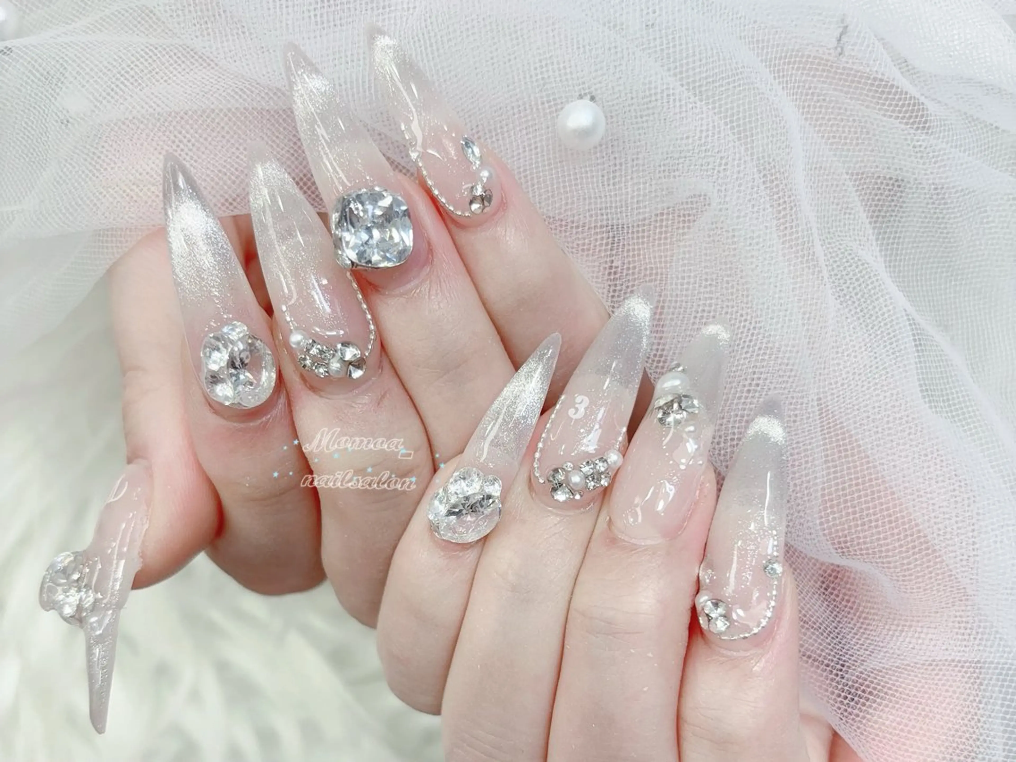ネイル 成人式 マグネットネイル 大理石ネイル(マーブル) リボン 夏ネイル ハンドネイル MoMoA Nail ネイル長さ出し専門店のネイルデザイン