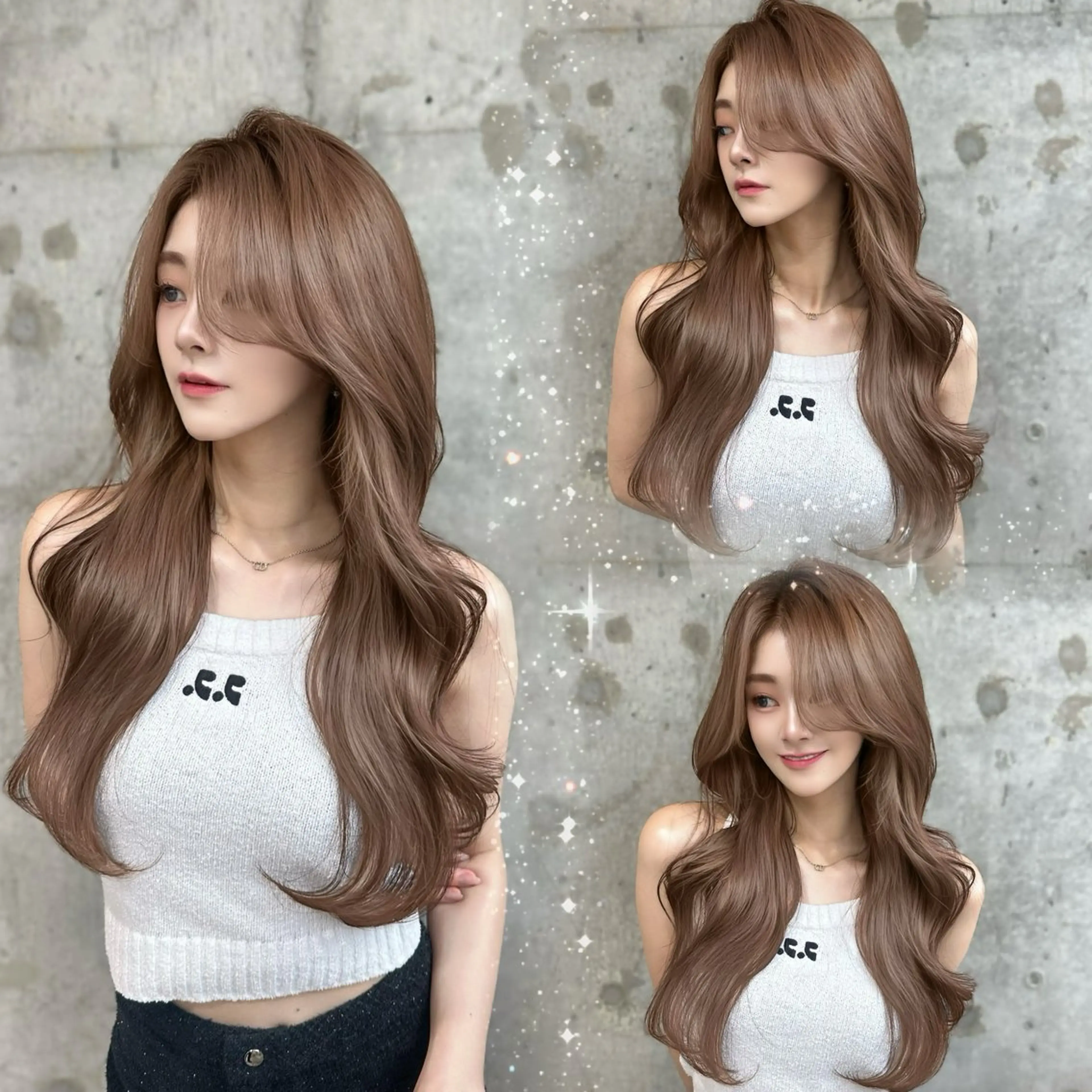 ロング カラー ベージュカラー ブリーチ ダブルカラー ミルクティーベージュ ブリーチなしカラー 髪質改善/韓国ヘア レイヤー/新宿/ロミのヘアスタイル