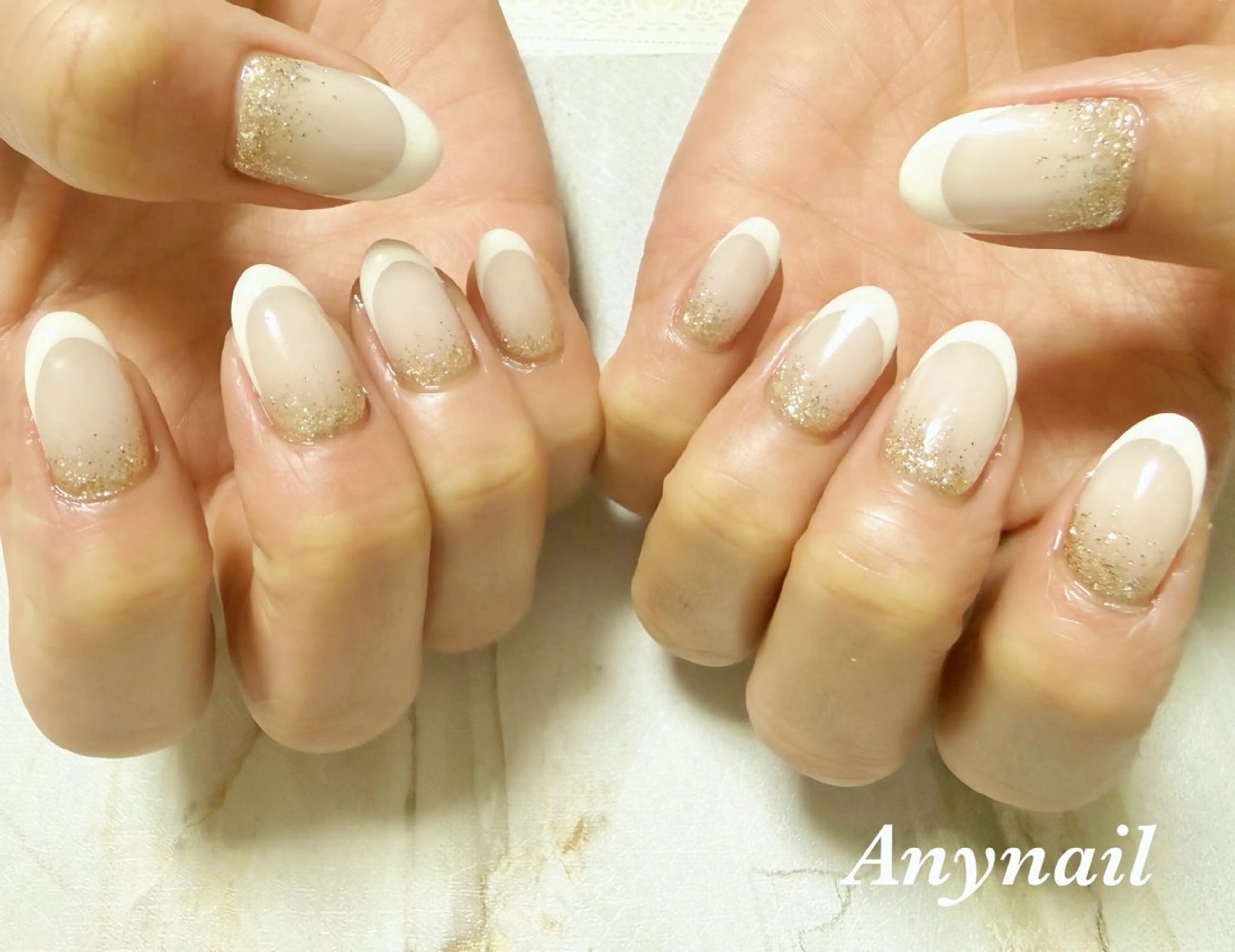 ネイル ブルー フレンチネイル グラデーション ラメ(グリッター) ラメグラデーション ハンドネイル 岩澤 恵子のネイルデザイン