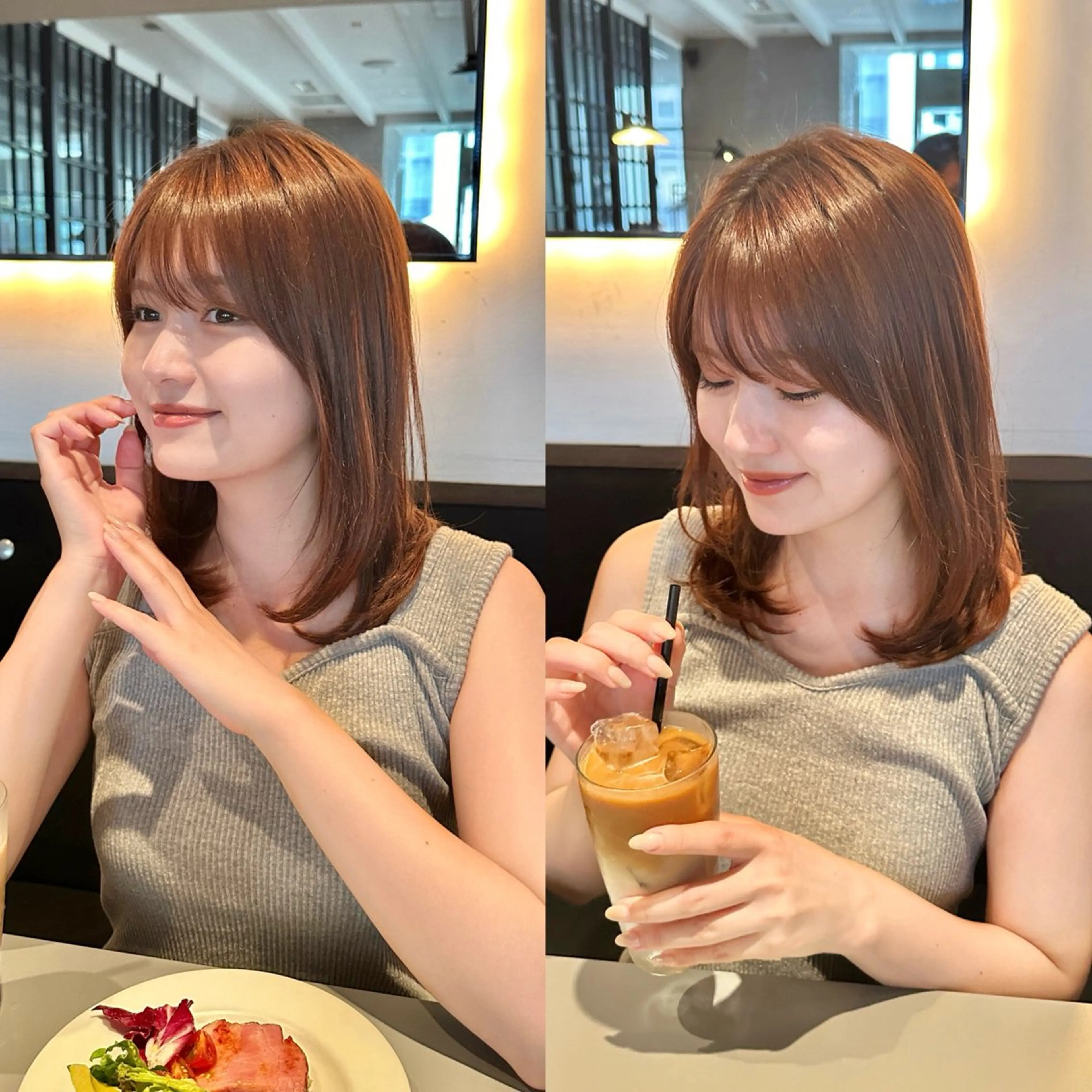 ミディアム カラー くせ毛 レイヤーカット シースルーバング 縮毛矯正 カット ヘアカラー トリートメント 💎小顔前髪&髪質 改善カラー💎片桐のヘアスタイル